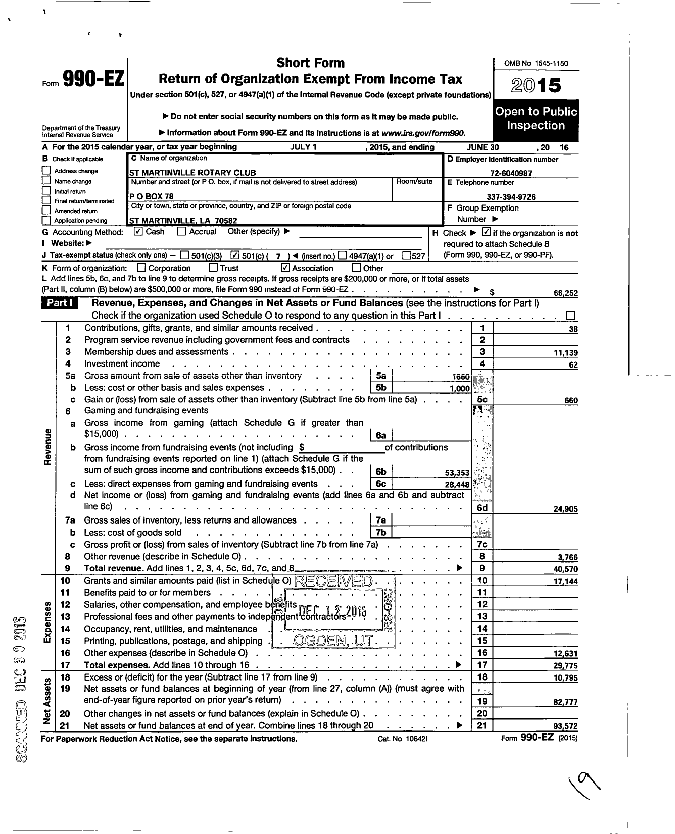 Image of first page of 2015 Form 990EO for Rotary International - St Martinville Rotary Club