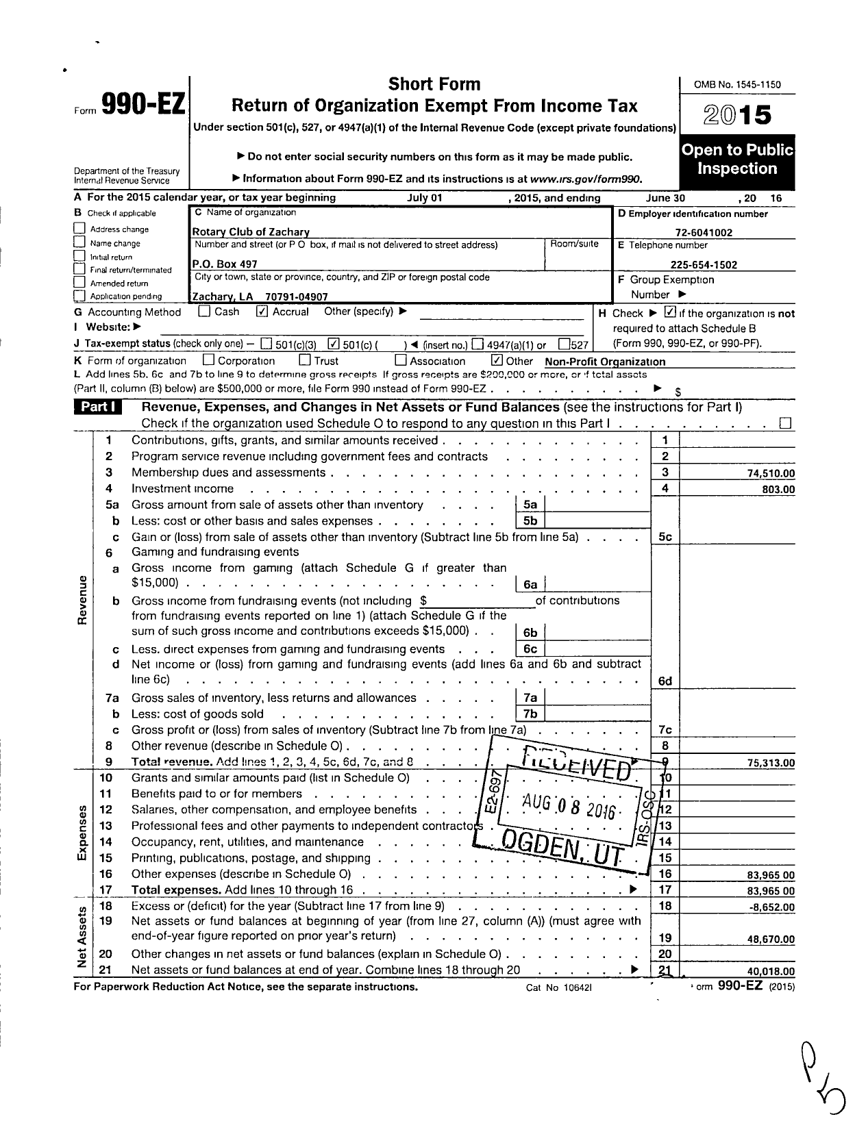 Image of first page of 2015 Form 990EO for Rotary International - Zachary Rotary Club