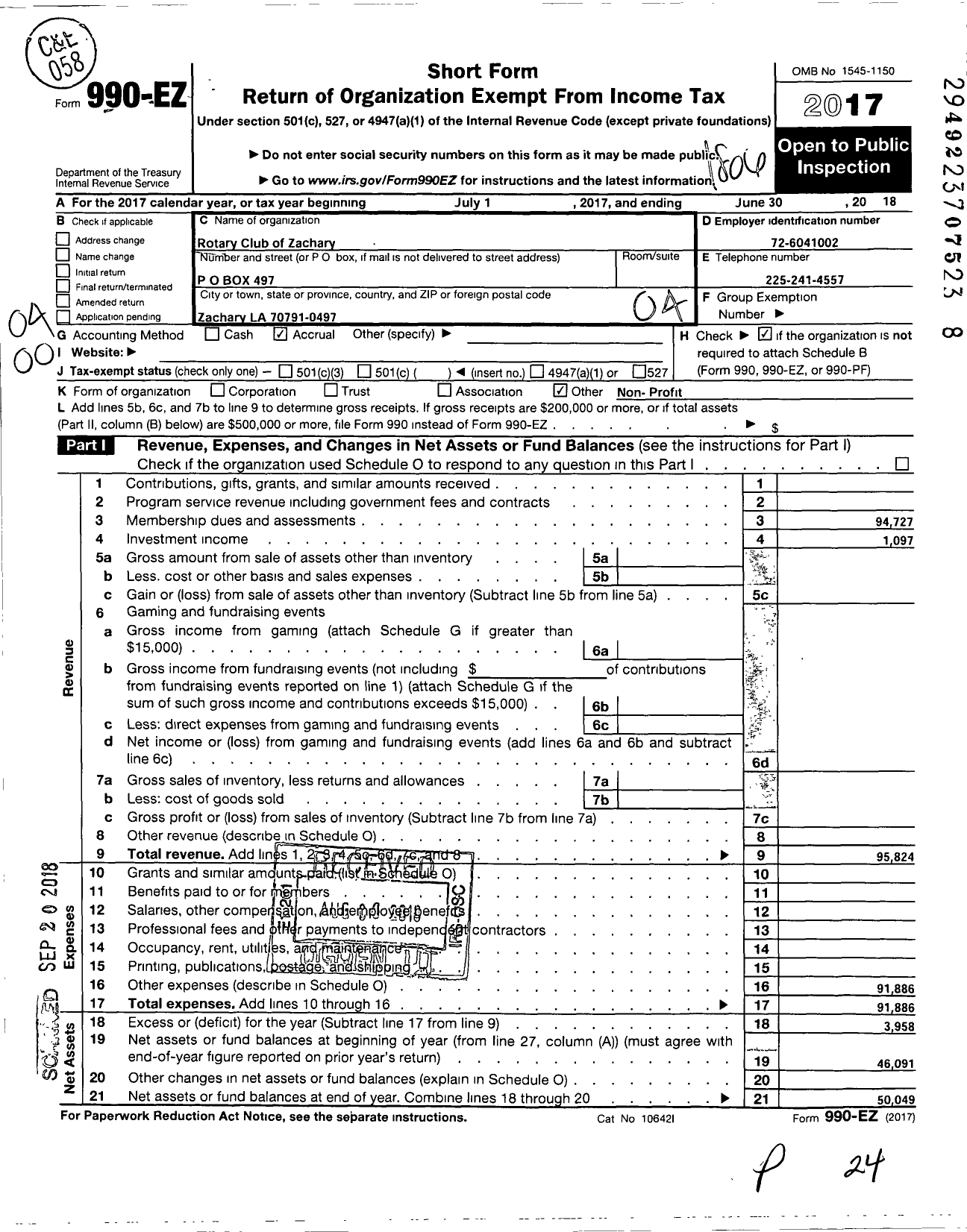 Image of first page of 2017 Form 990EO for Rotary International - Zachary Rotary Club