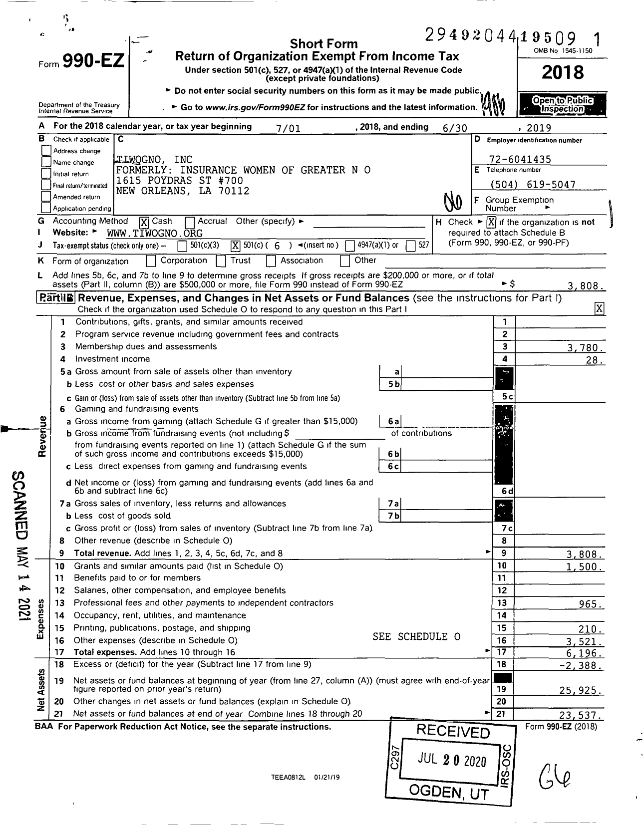 Image of first page of 2018 Form 990EO for Tiwogno - 627 Ins Prof of Greater New Orleans