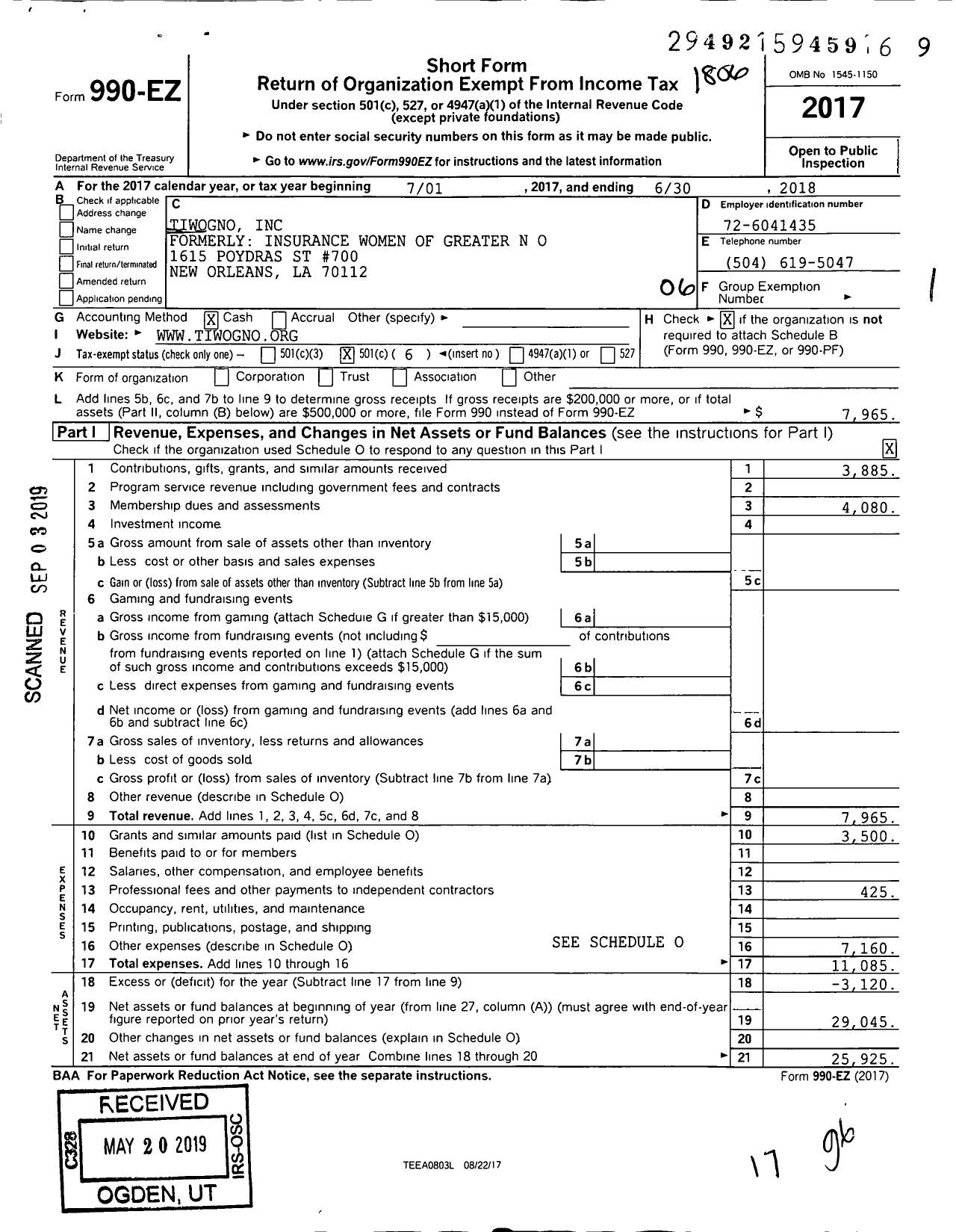 Image of first page of 2017 Form 990EO for Tiwogno - 627 Ins Prof of Greater New Orleans