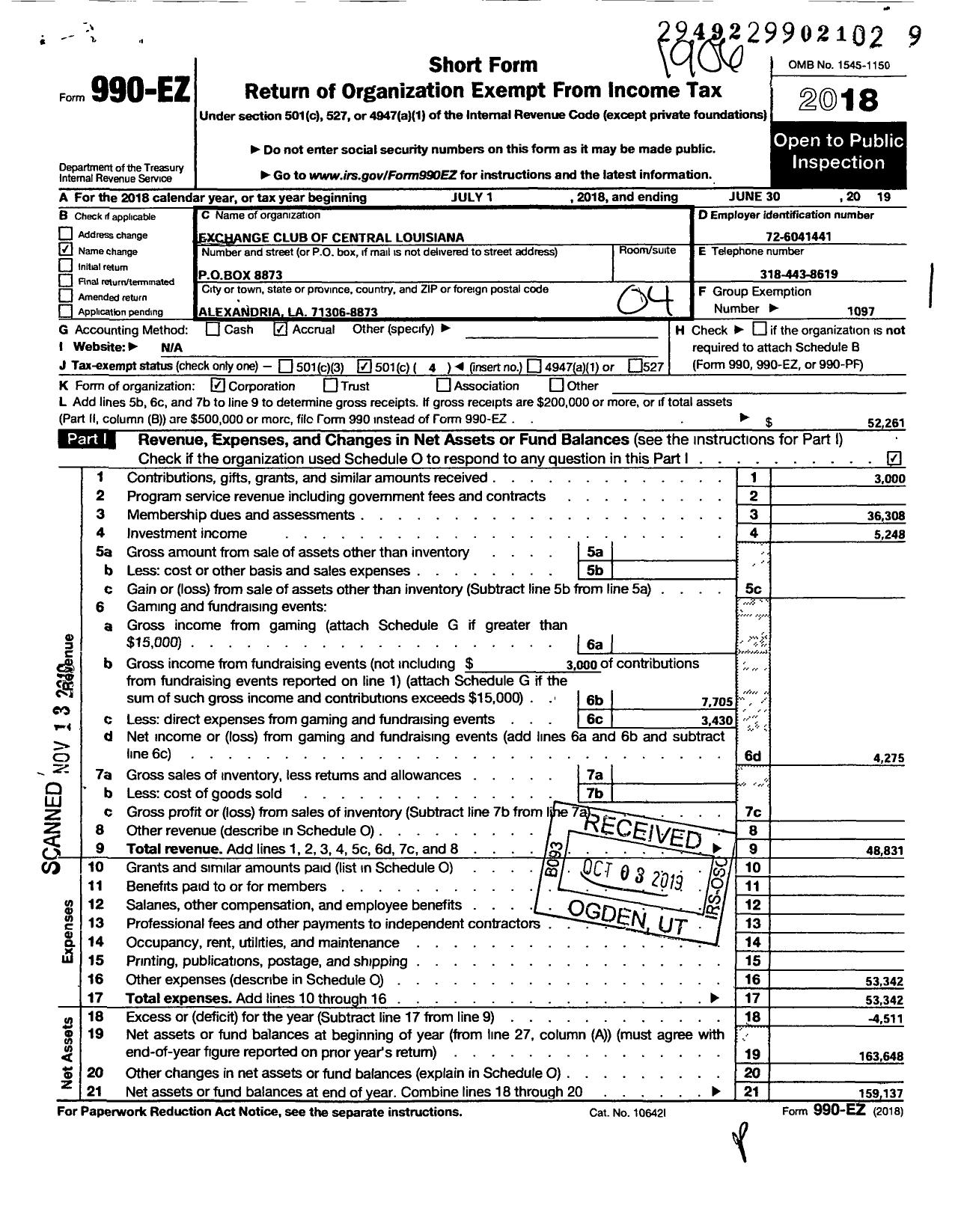 Image of first page of 2018 Form 990EO for National Exchange Club - 1536 Club of Alexandria