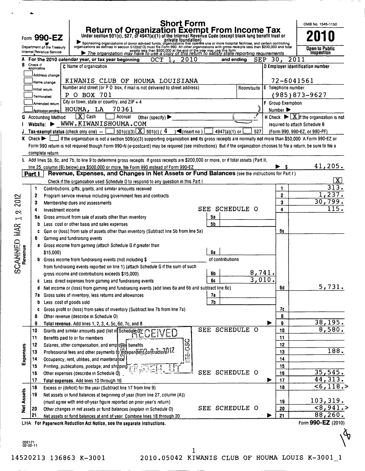 Image of first page of 2010 Form 990EO for Kiwanis International - K06427 Houma