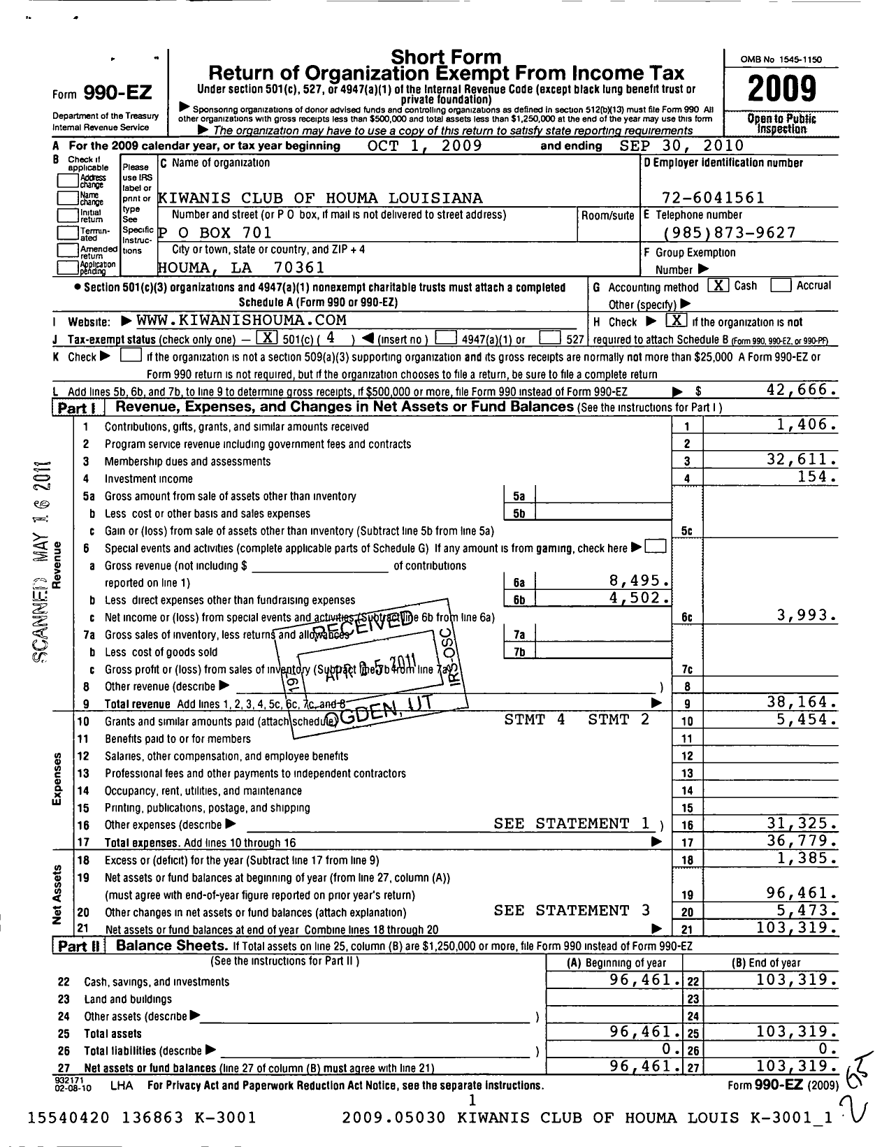 Image of first page of 2009 Form 990EO for Kiwanis International - K06427 Houma