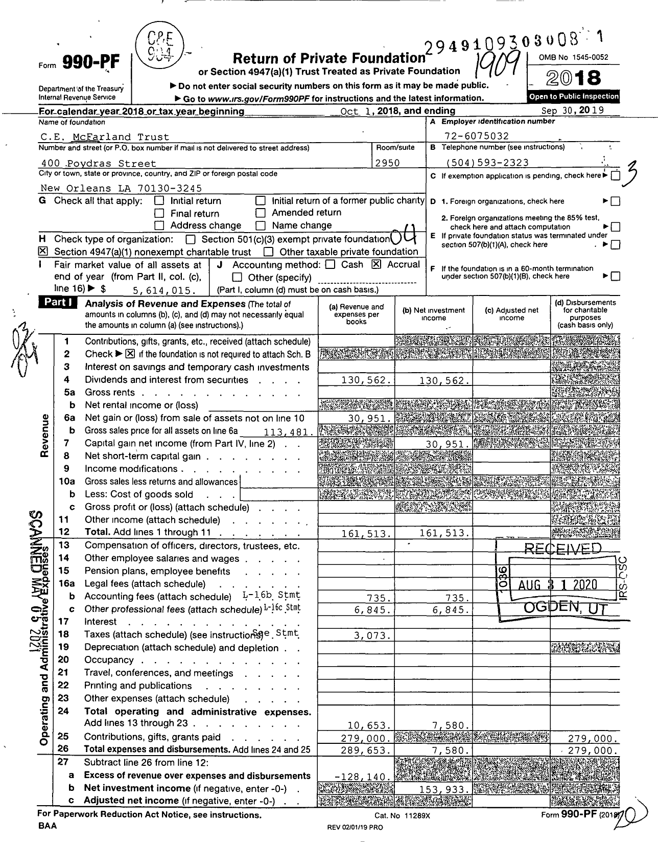 Image of first page of 2018 Form 990PF for Ce Mcfarland Trust