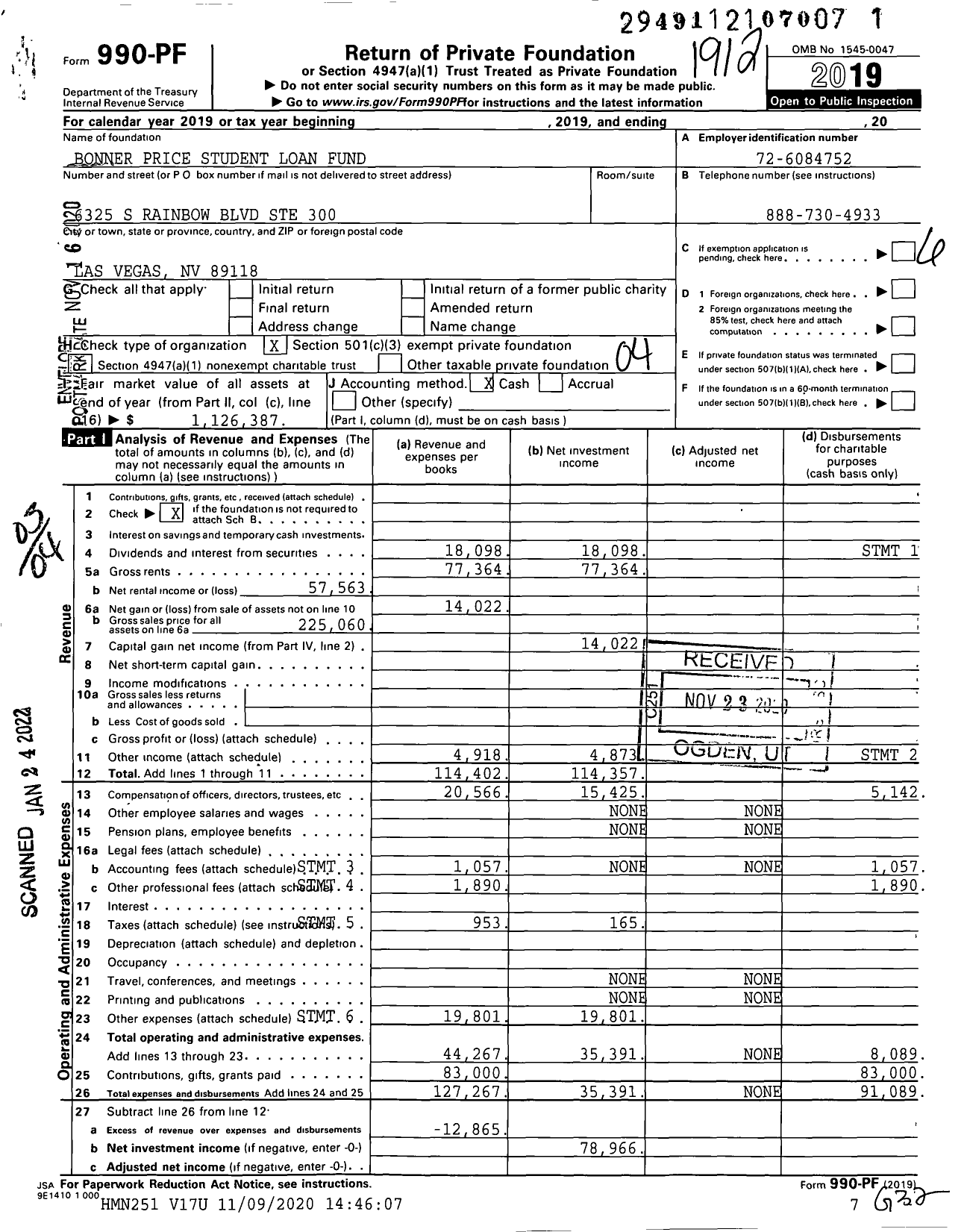 Image of first page of 2019 Form 990PF for Bonner Price Student Loan Fund