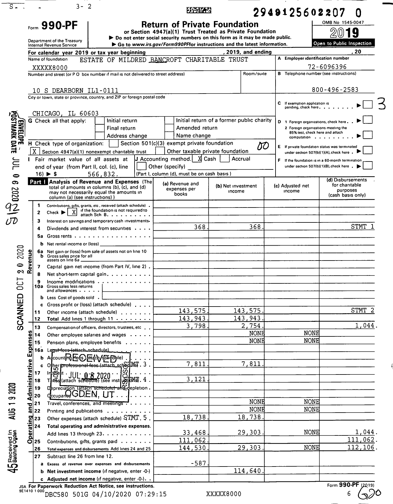 Image of first page of 2019 Form 990PR for Estate of Mildred Bancroft Charitable Trust