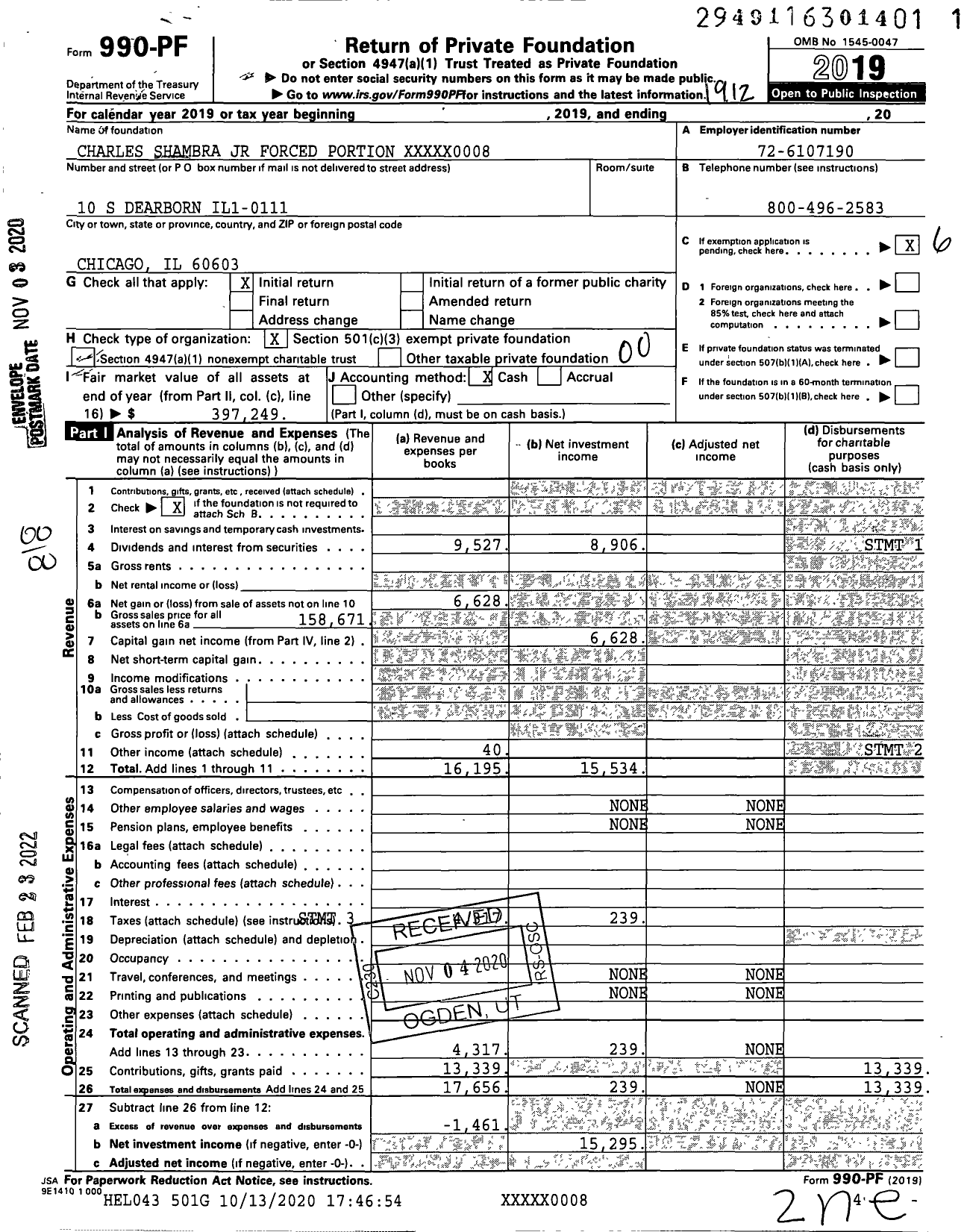 Image of first page of 2019 Form 990PF for Charles Shambra JR Forced Portion XXXXX0008