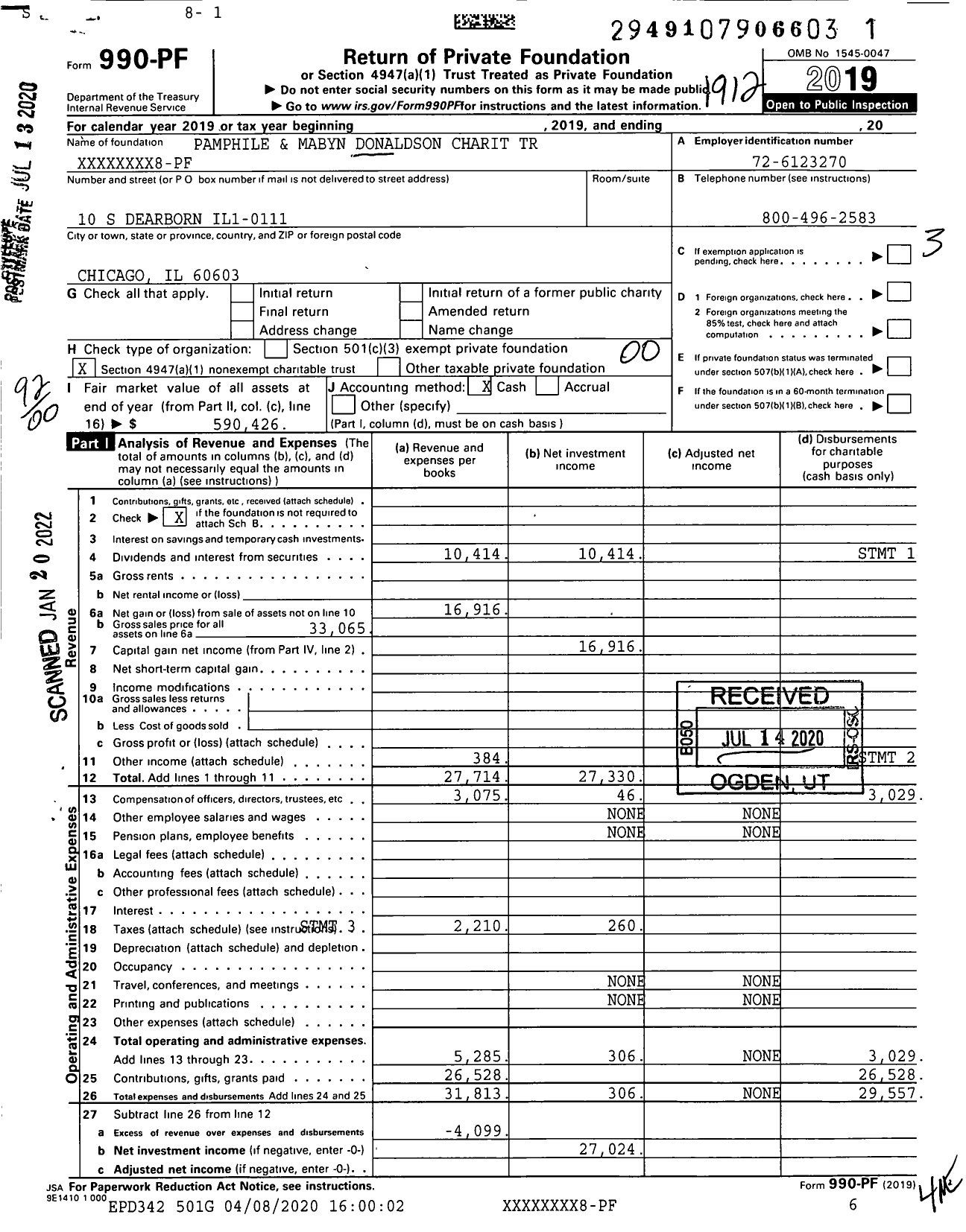 Image of first page of 2019 Form 990PF for Pamphile and Mabyn Donaldson Charit Trust