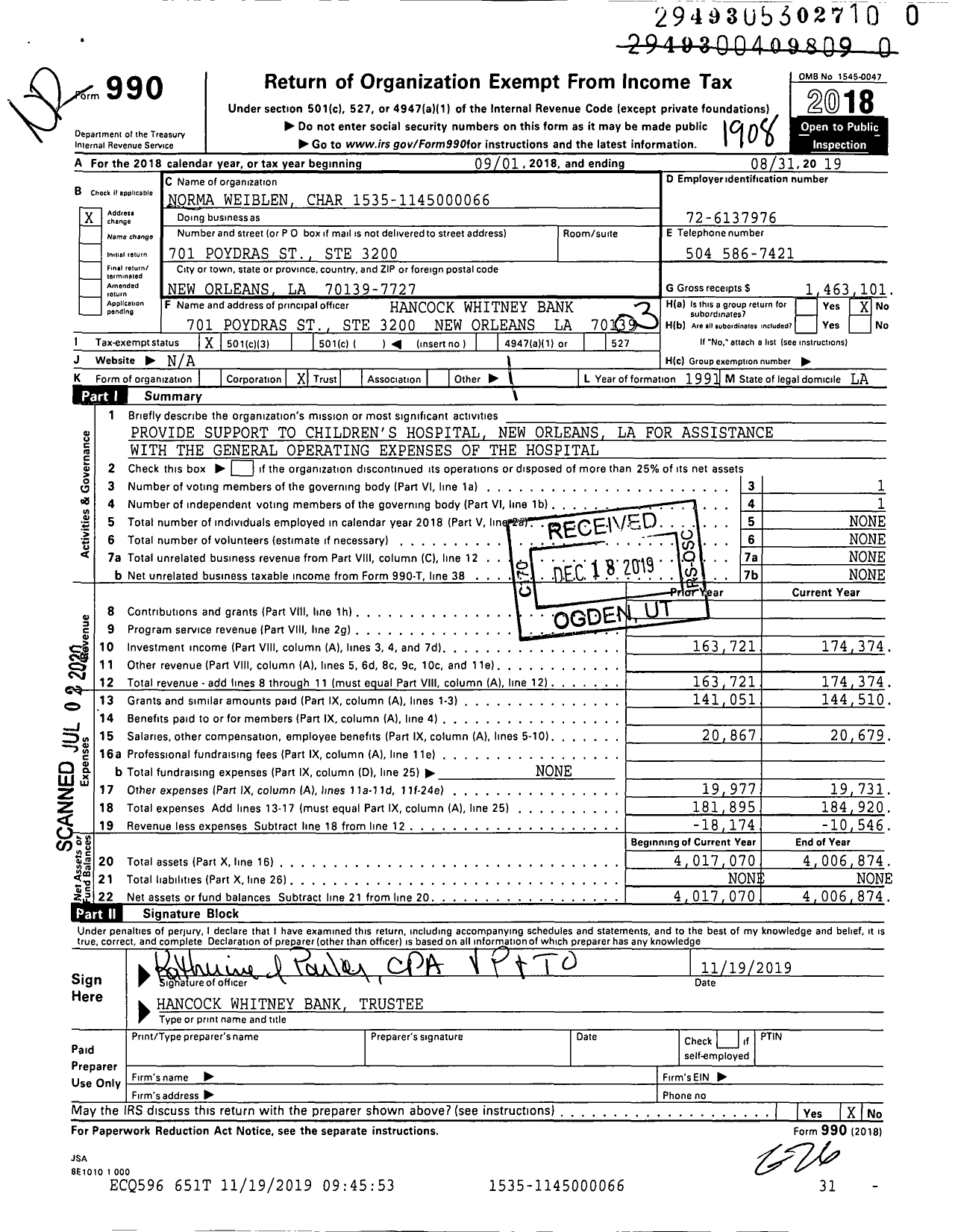 Image of first page of 2018 Form 990 for Norma M Weiblen Charitable Endowment Fund