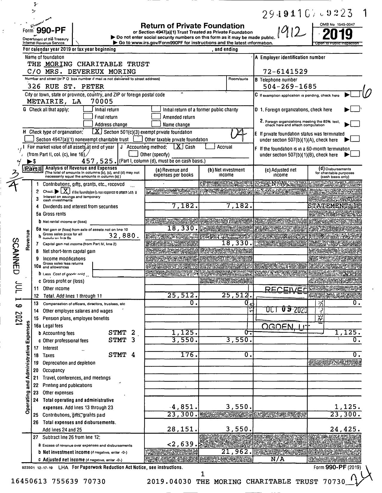 Image of first page of 2019 Form 990PF for The Moring Charitable Trust