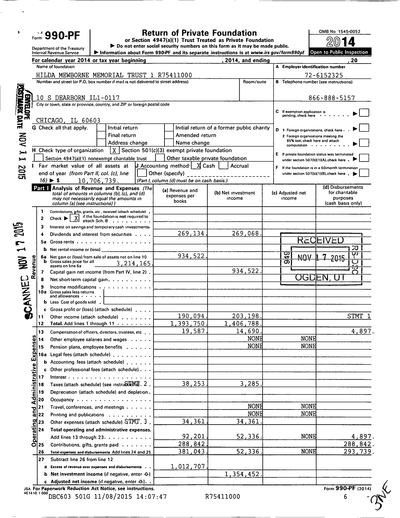 Image of first page of 2014 Form 990PF for Hilda Mewborne Memorial Trust 1 XXXXX1000
