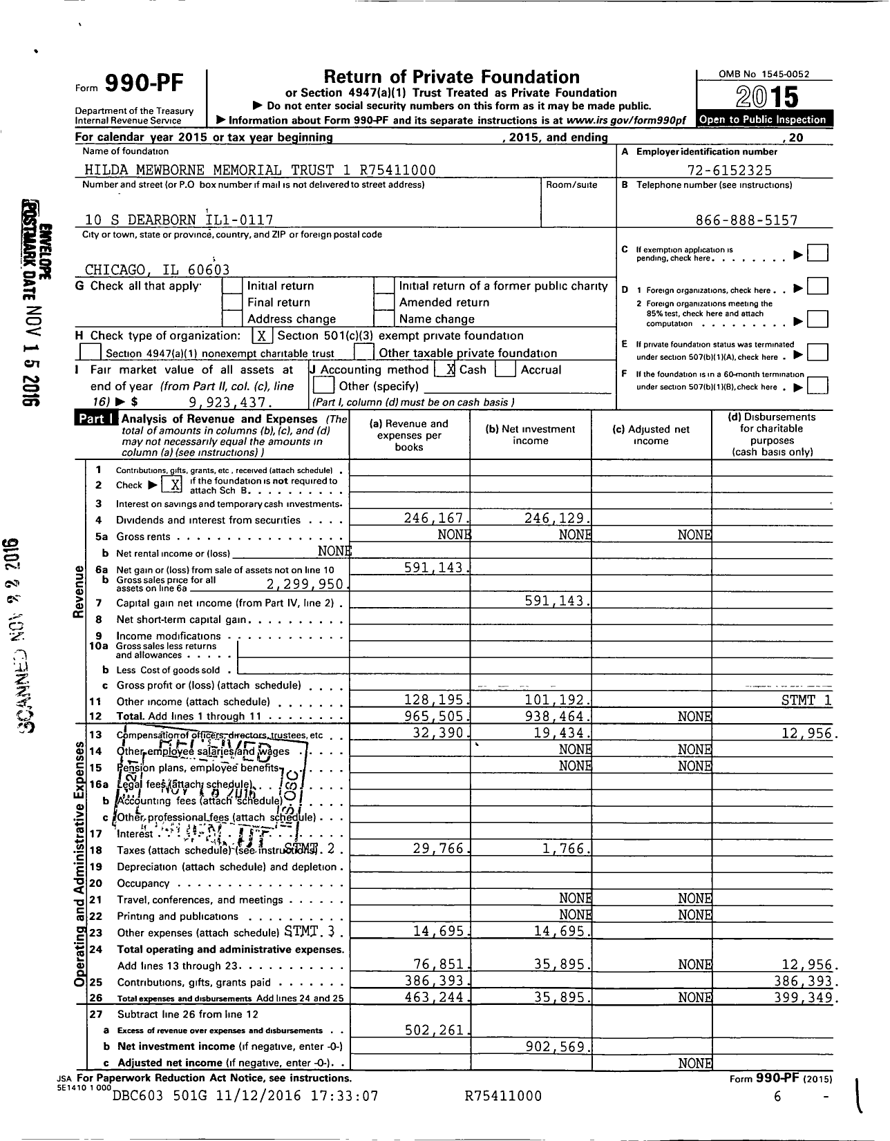 Image of first page of 2015 Form 990PF for Hilda Mewborne Memorial Trust 1 XXXXX1000