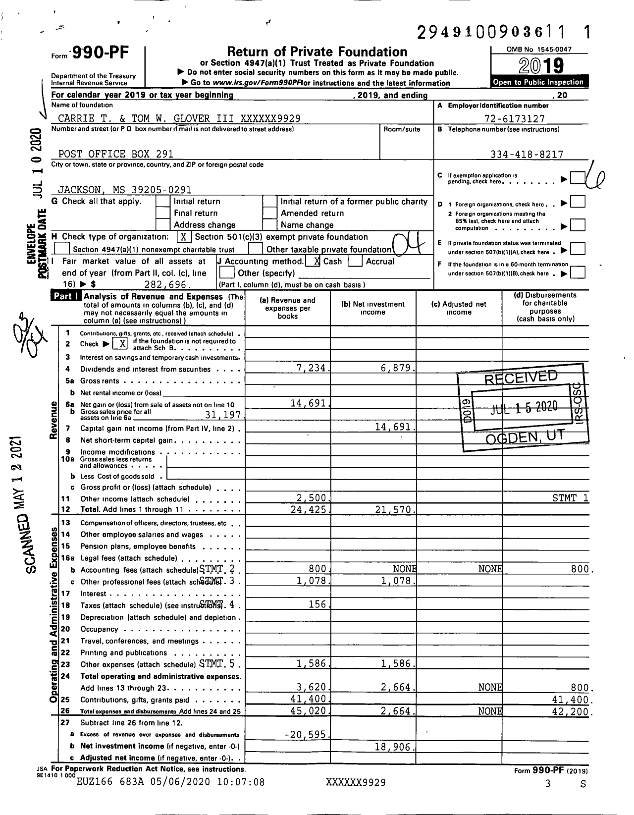 Image of first page of 2019 Form 990PF for Carrie T and Thomas W Glover Iii Charitable Trust