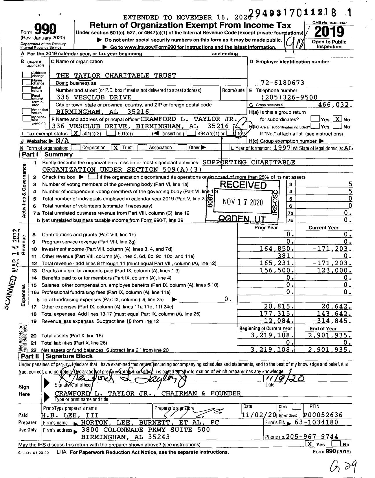 Image of first page of 2019 Form 990 for The Taylor Charitable Trust