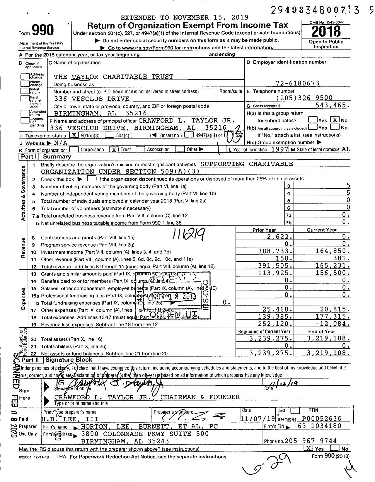 Image of first page of 2018 Form 990 for The Taylor Charitable Trust