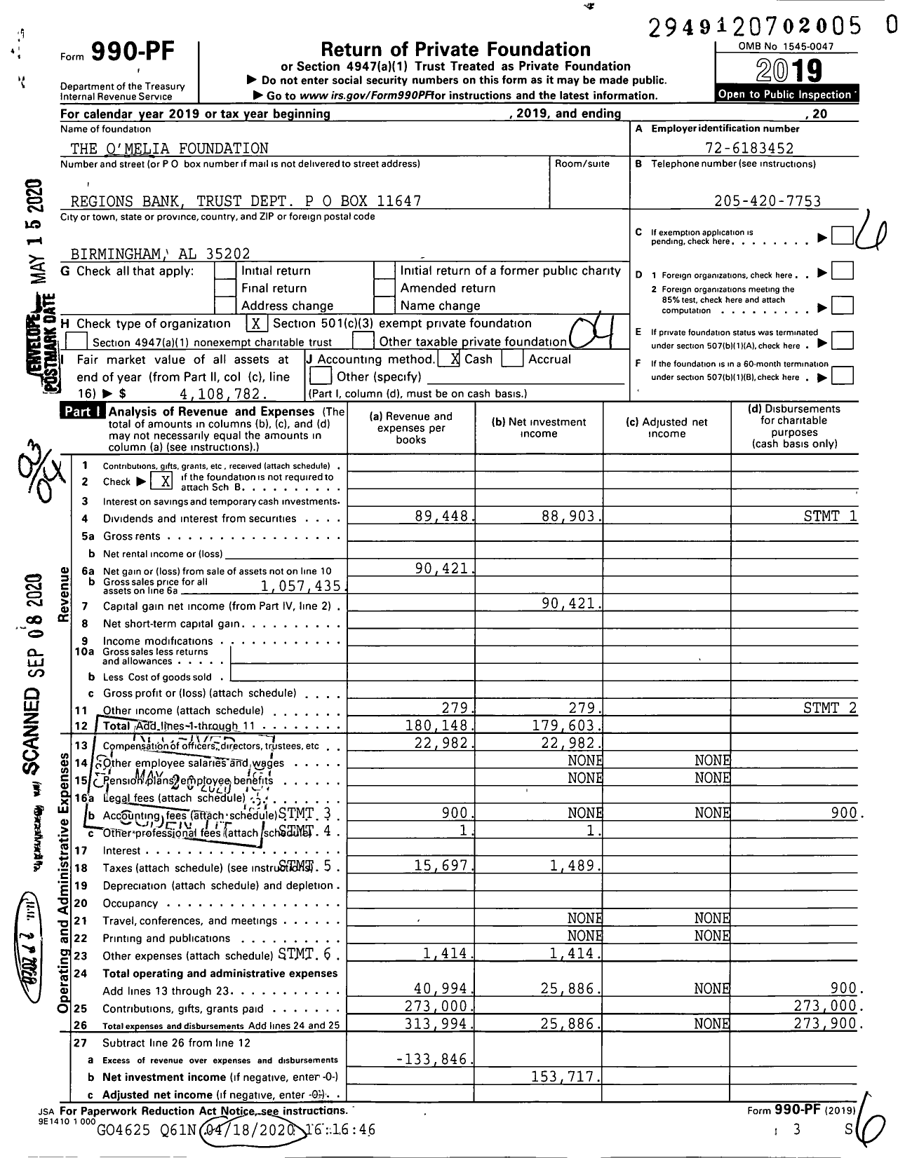 Image of first page of 2019 Form 990PR for The O'Melia Foundation