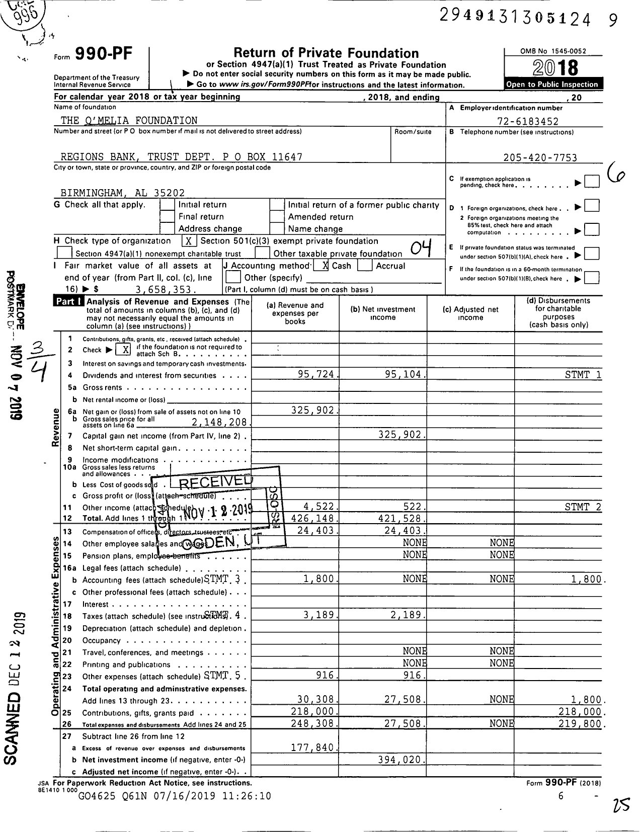 Image of first page of 2018 Form 990PF for The O'Melia Foundation