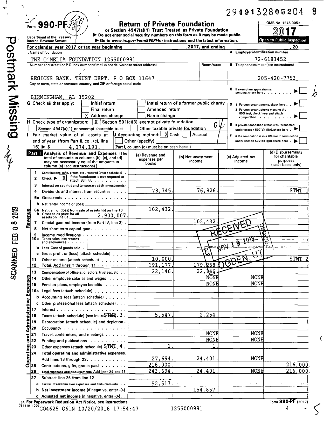 Image of first page of 2017 Form 990PF for The O'Melia Foundation