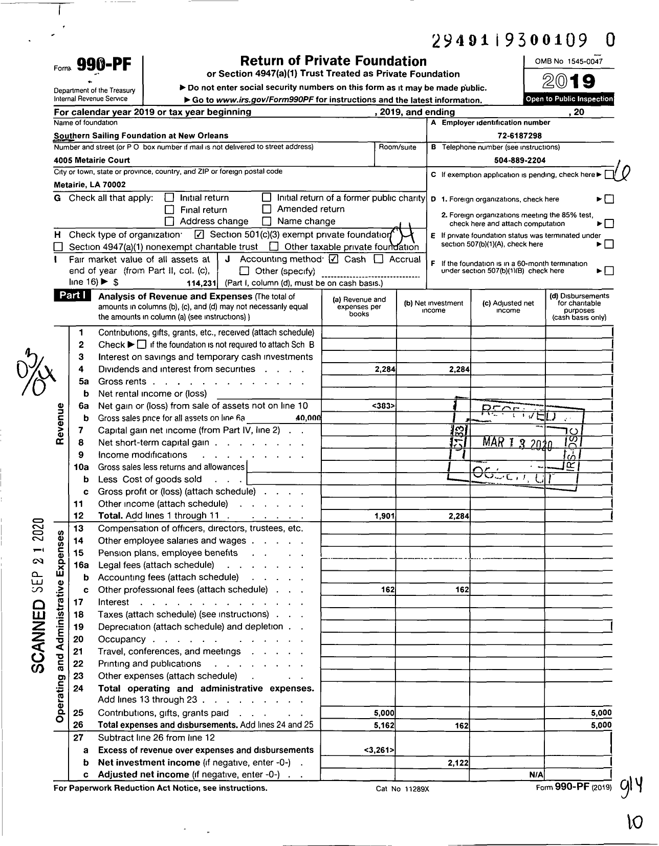 Image of first page of 2019 Form 990PR for Southern Sailing Foundation at New Orleans