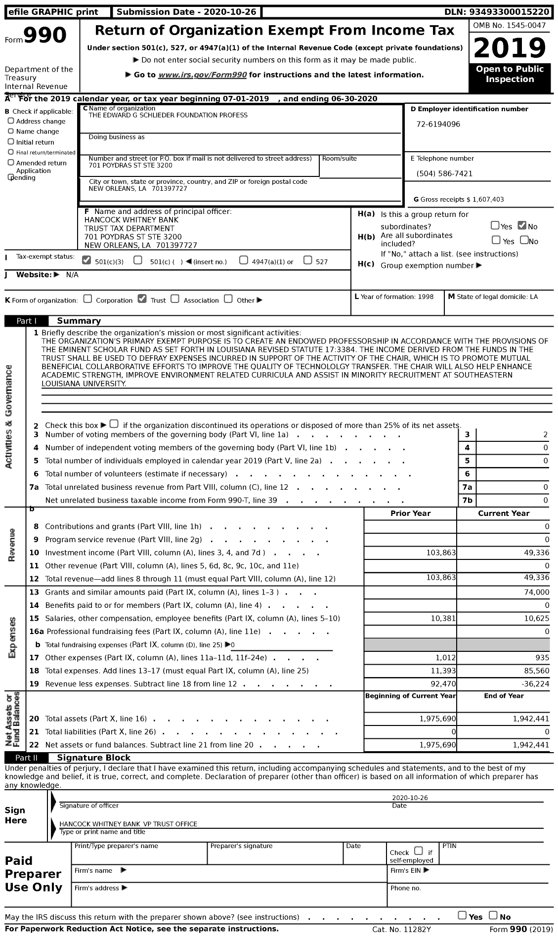 Image of first page of 2019 Form 990 for The Edward G Schlieder Foundation Profess