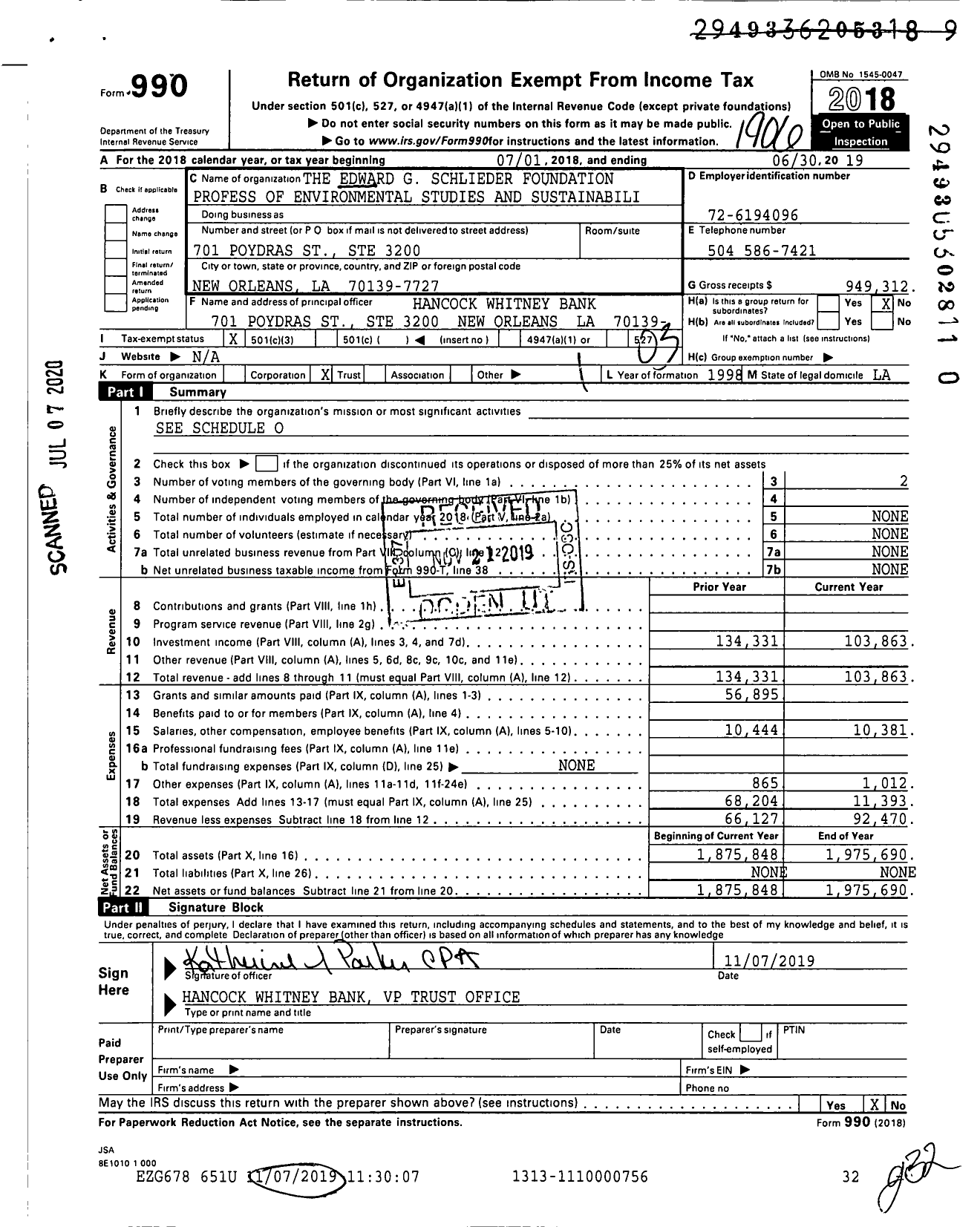 Image of first page of 2018 Form 990 for The Edward G Schlieder Foundation Profess