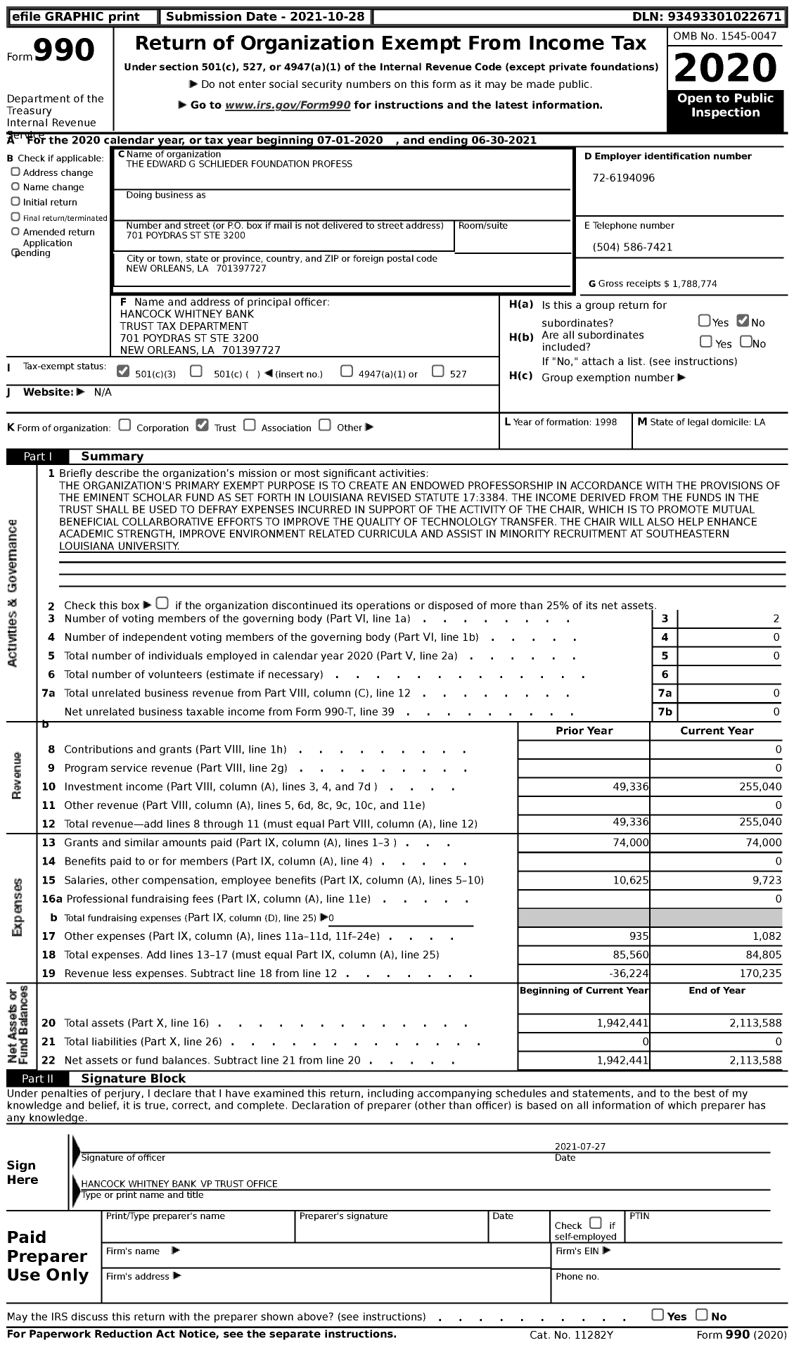 Image of first page of 2020 Form 990 for The Edward G Schlieder Foundation Profess