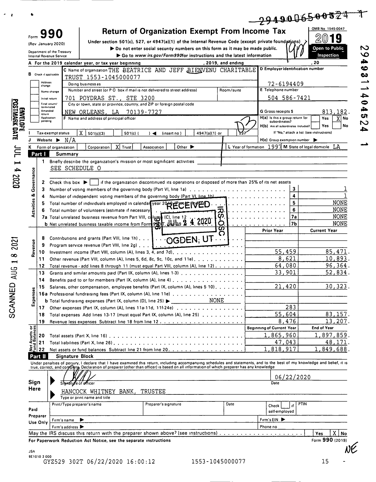 Image of first page of 2019 Form 990 for Beatrice and Jeff Bienvenu Charitable Trust