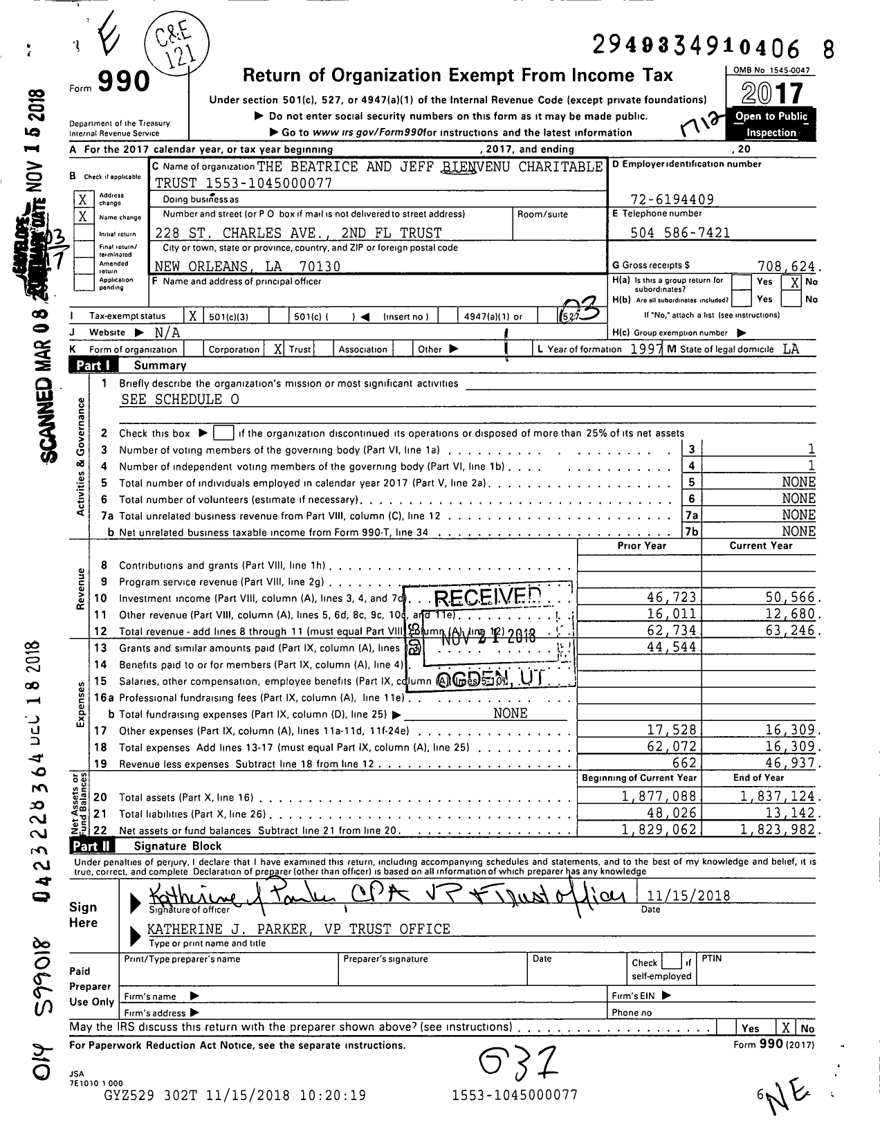 Image of first page of 2017 Form 990 for Beatrice and Jeff Bienvenu Charitable Trust