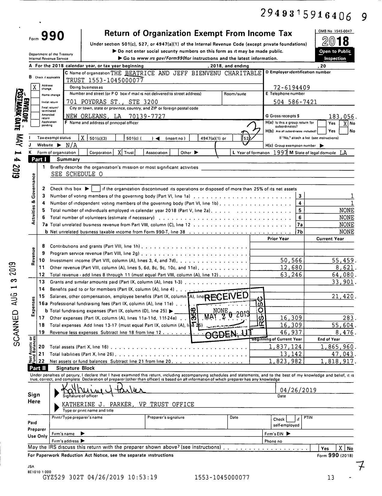 Image of first page of 2018 Form 990 for Beatrice and Jeff Bienvenu Charitable Trust