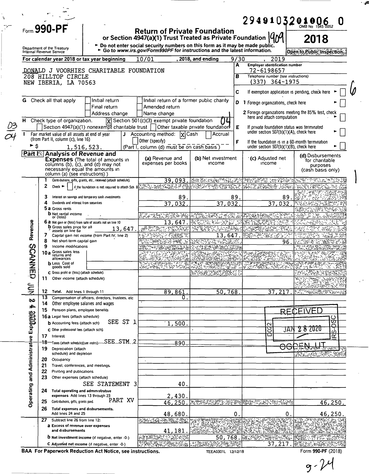 Image of first page of 2018 Form 990PR for Donald J Voorhies Charitable Foundation