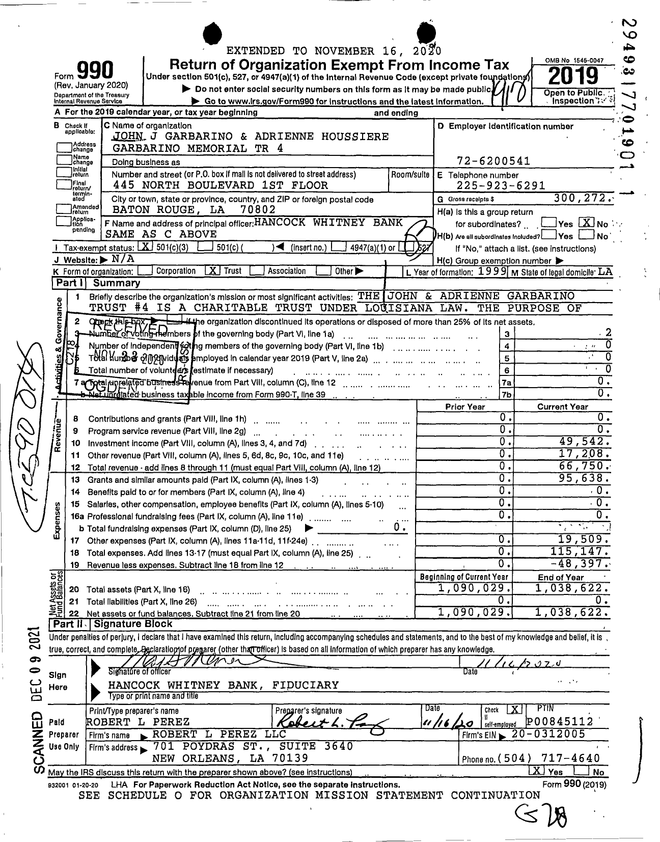 Image of first page of 2019 Form 990 for John J Garbarino and Adrienne Houssiere Garbarino Memorial TR 4