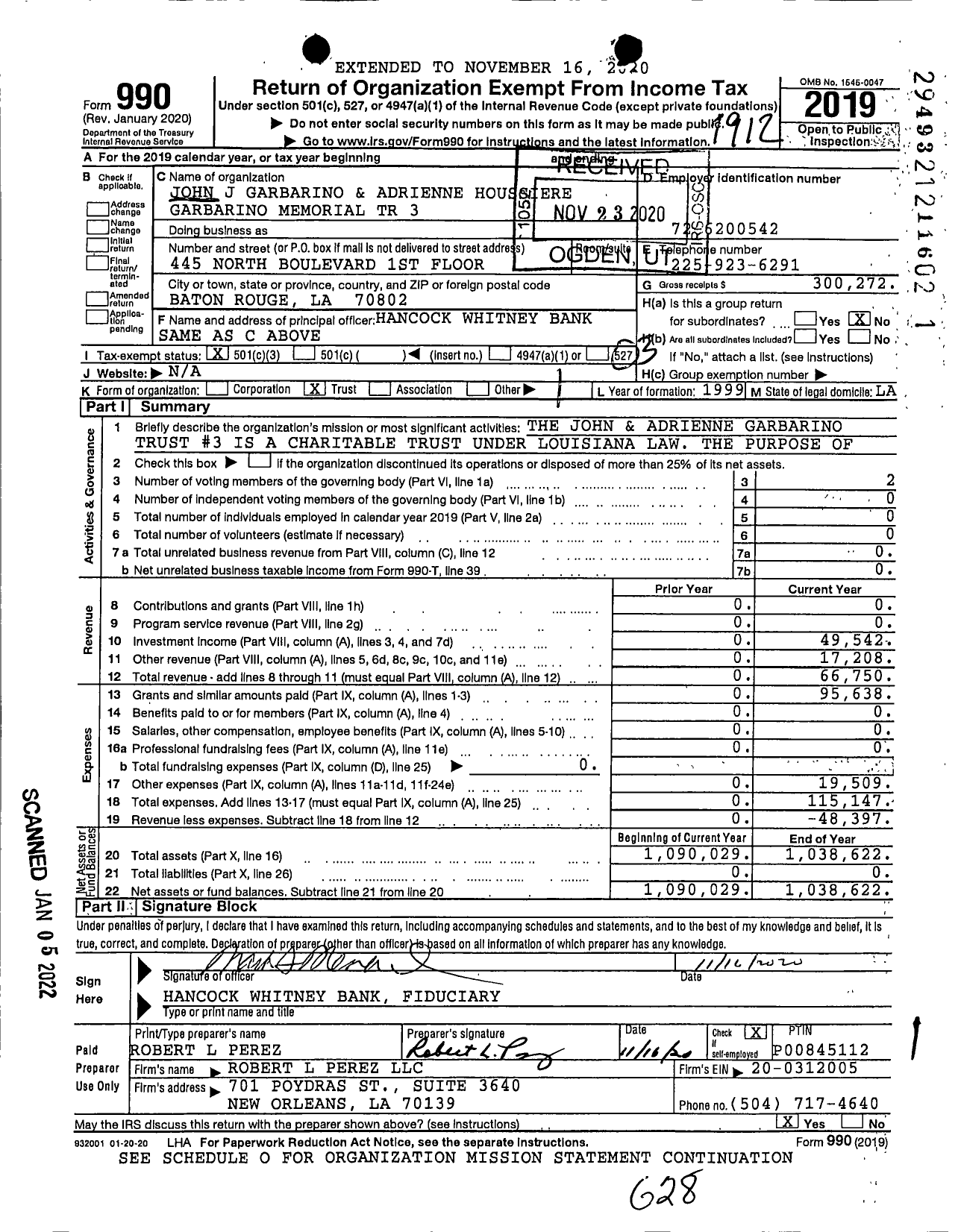 Image of first page of 2019 Form 990 for John J Garbarino and Adrienne Houssiere Garbarino Memorial TR 3