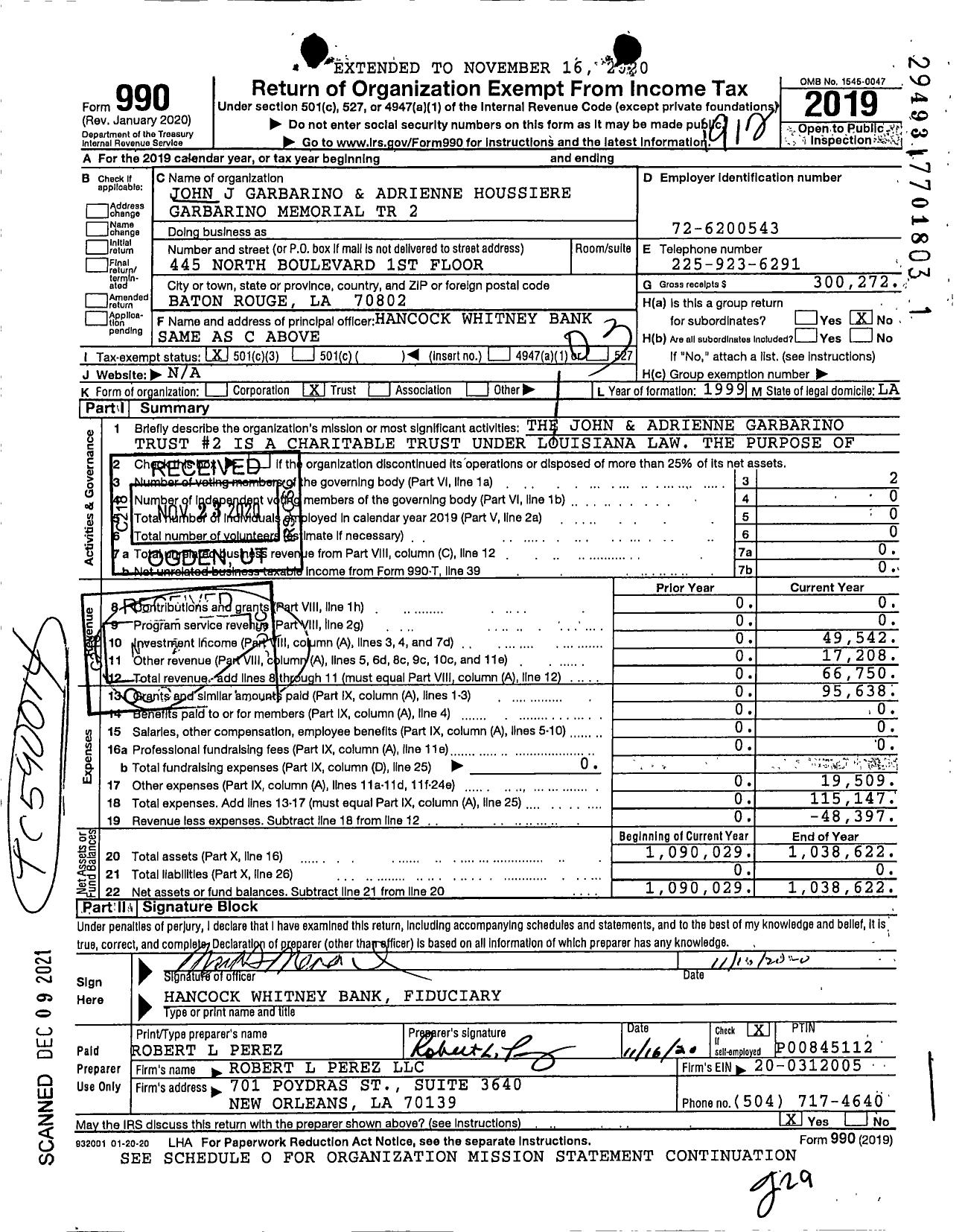 Image of first page of 2019 Form 990 for John J Garbarino and Adrienne Houssiere Garbarino Memorial TR 2