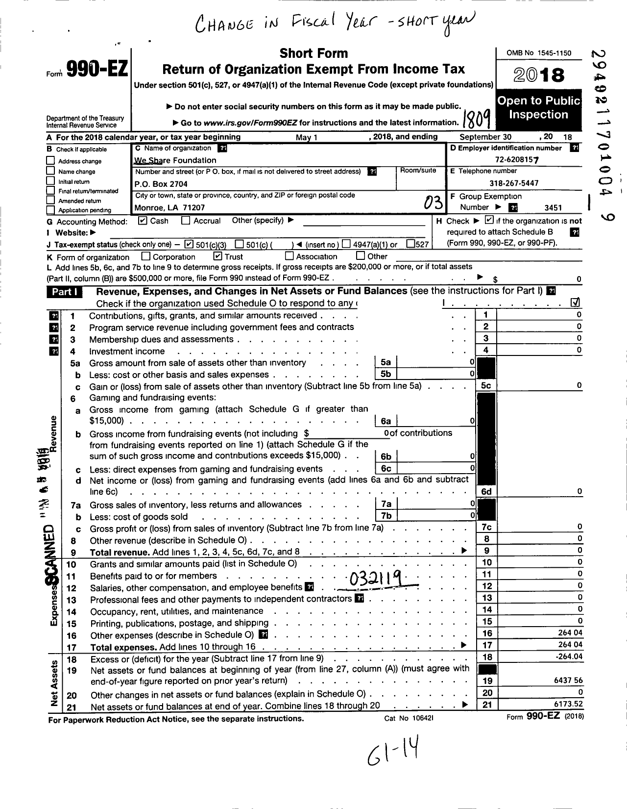 Image of first page of 2017 Form 990EZ for We Share Foundation / Monroe Charitable Trust