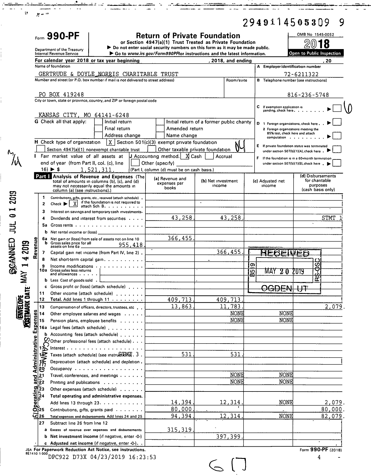 Image of first page of 2018 Form 990PF for Gertrude and Doyle Norris Charitable Trust