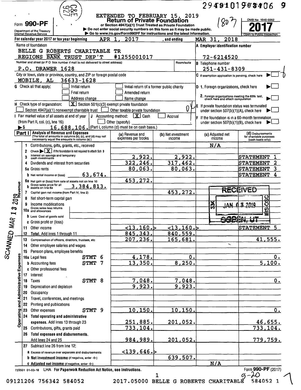 Image of first page of 2017 Form 990PF for Belle G Roberts Charitable TR Regions Bank Trust Dep't #1255001017