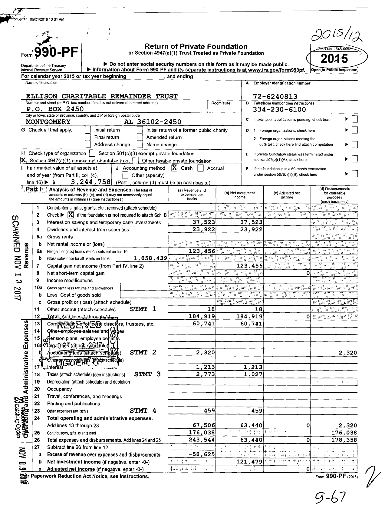 Image of first page of 2015 Form 990PF for Ellison Charitable Remainder Trust