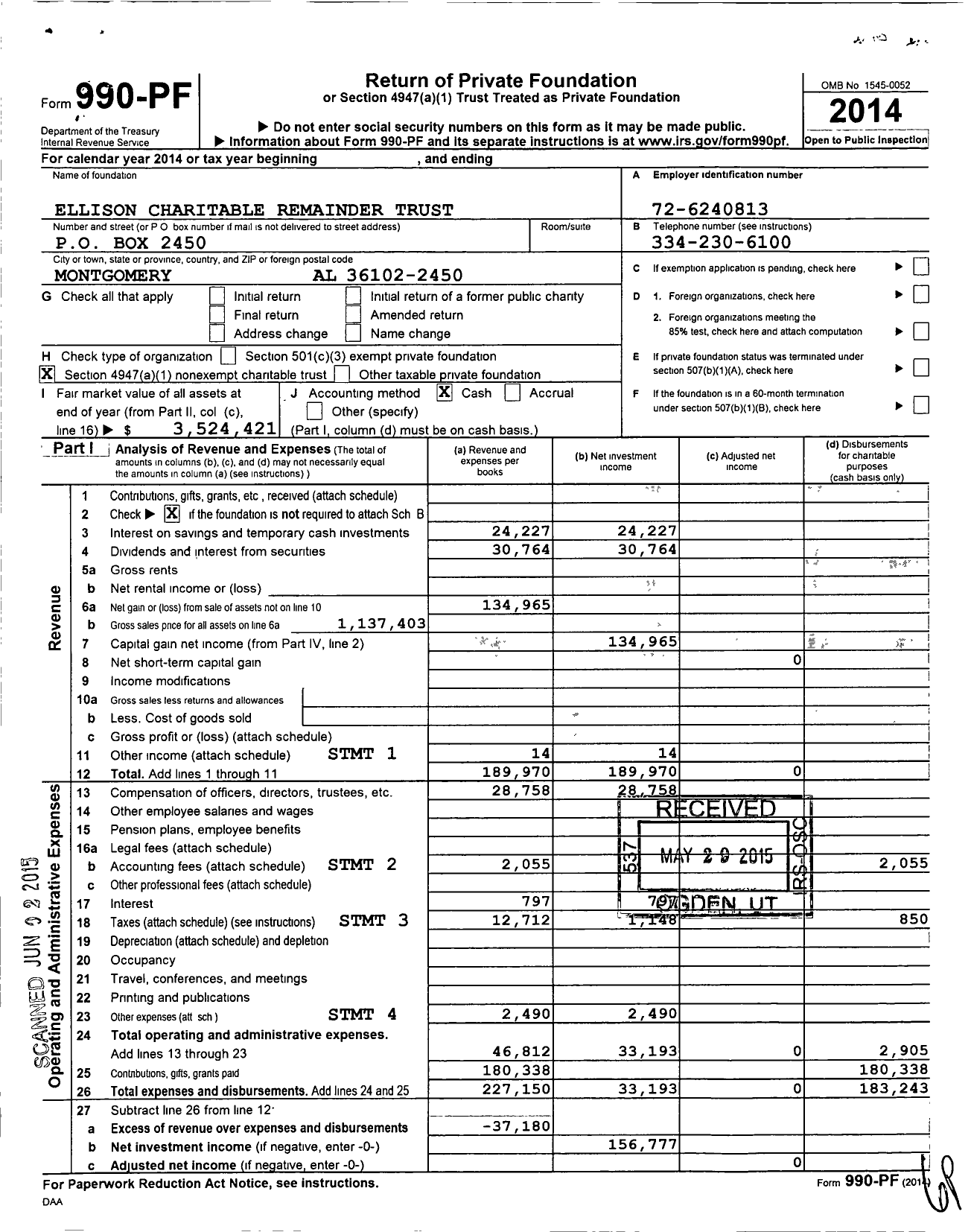 Image of first page of 2014 Form 990PF for Ellison Charitable Remainder Trust