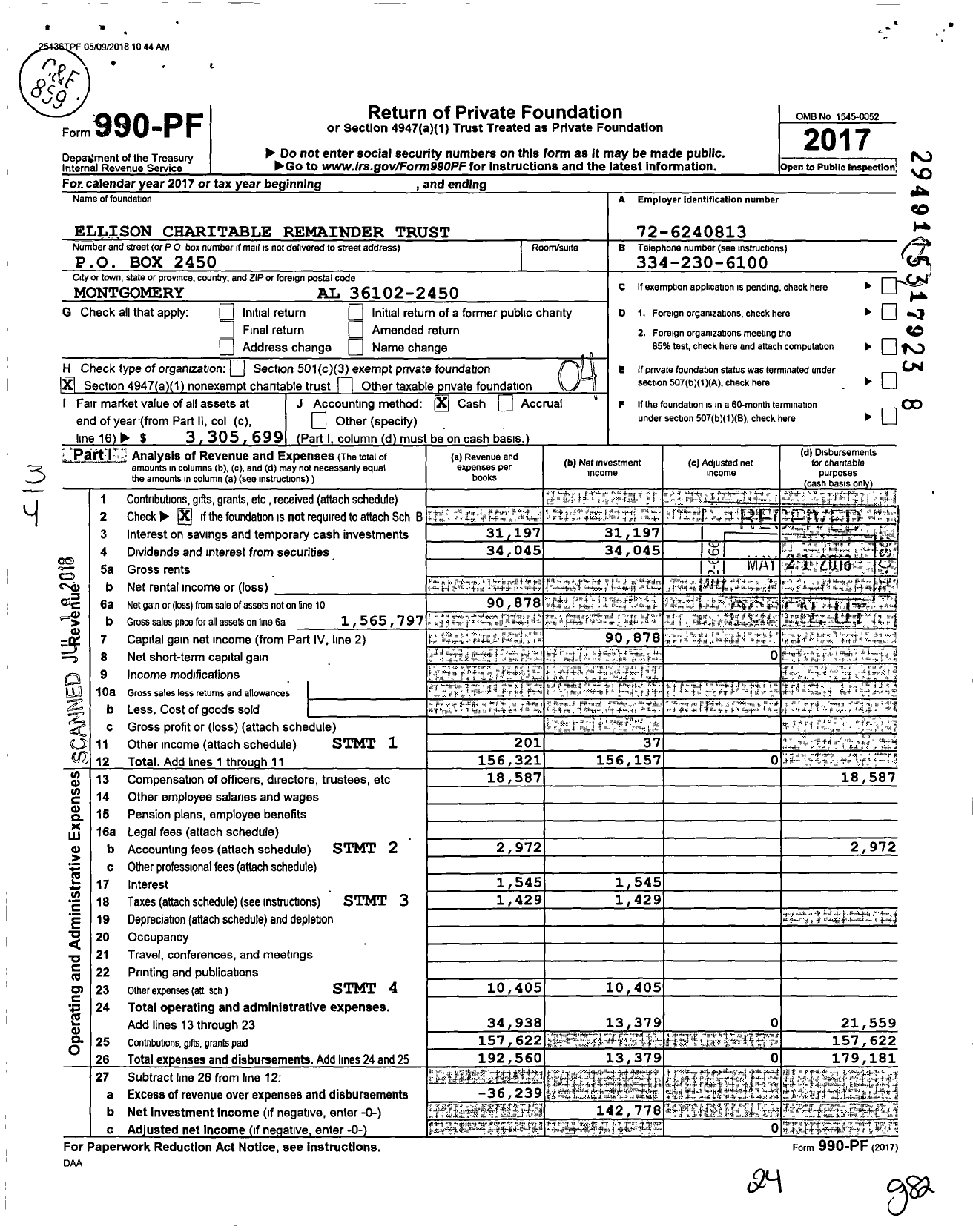 Image of first page of 2017 Form 990PF for Ellison Charitable Remainder Trust