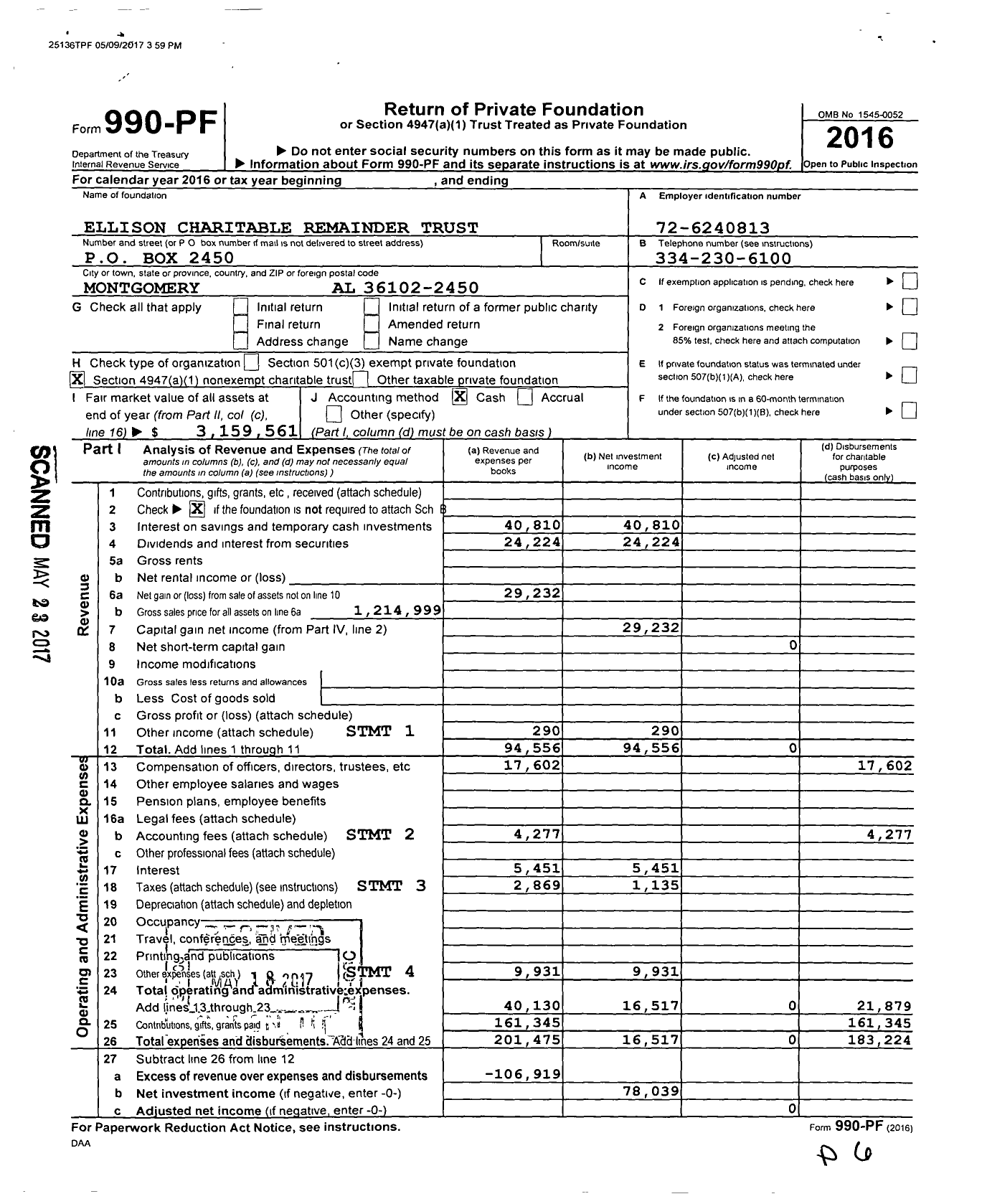 Image of first page of 2016 Form 990PF for Ellison Charitable Remainder Trust