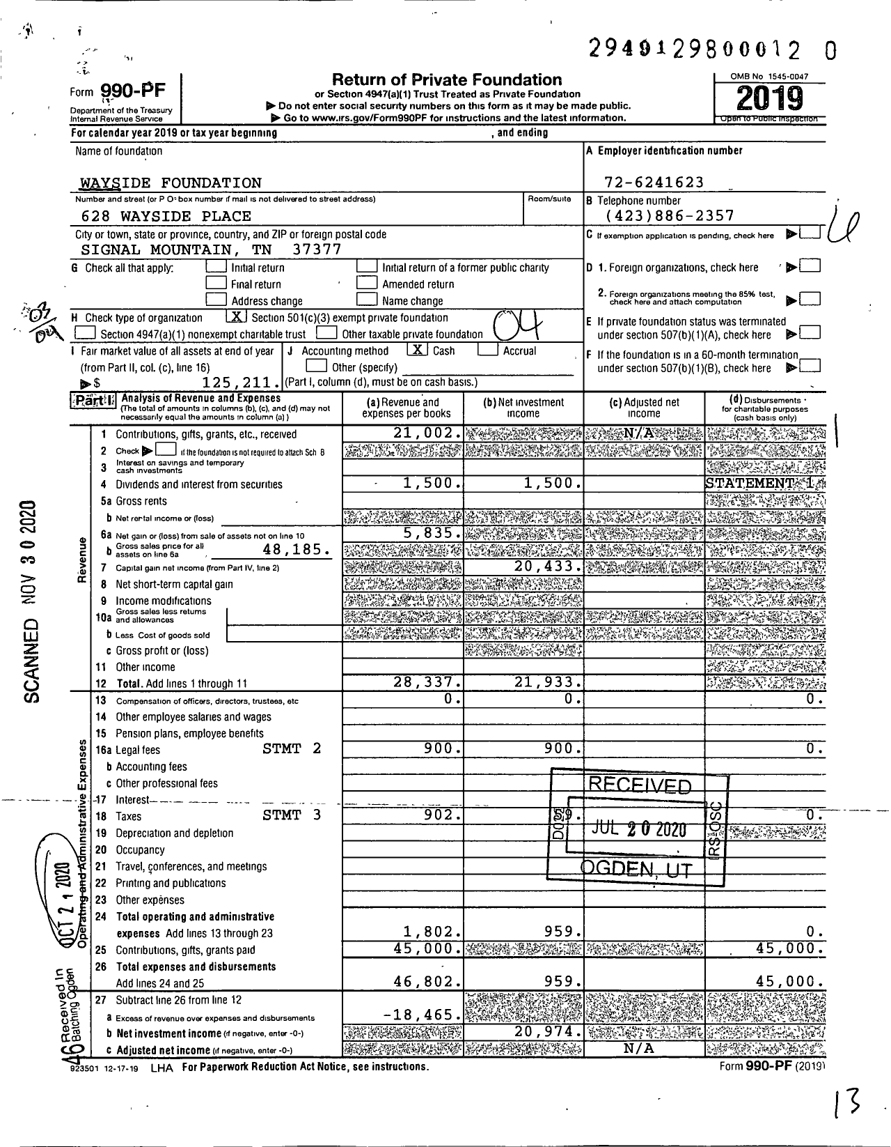 Image of first page of 2019 Form 990PF for Wayside Foundation