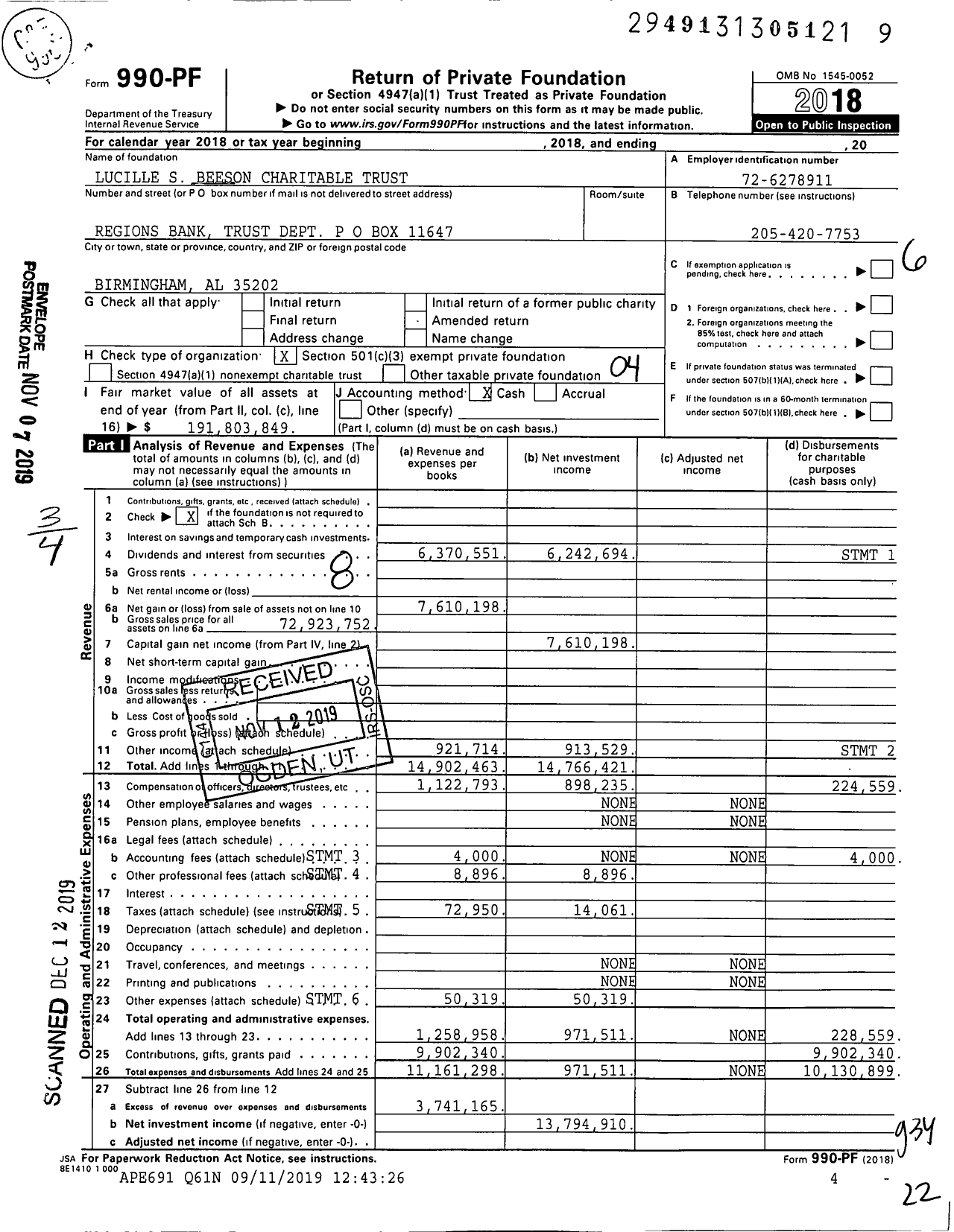 Image of first page of 2018 Form 990PF for Lucille S Beeson Charitable Trust Bond MGMT