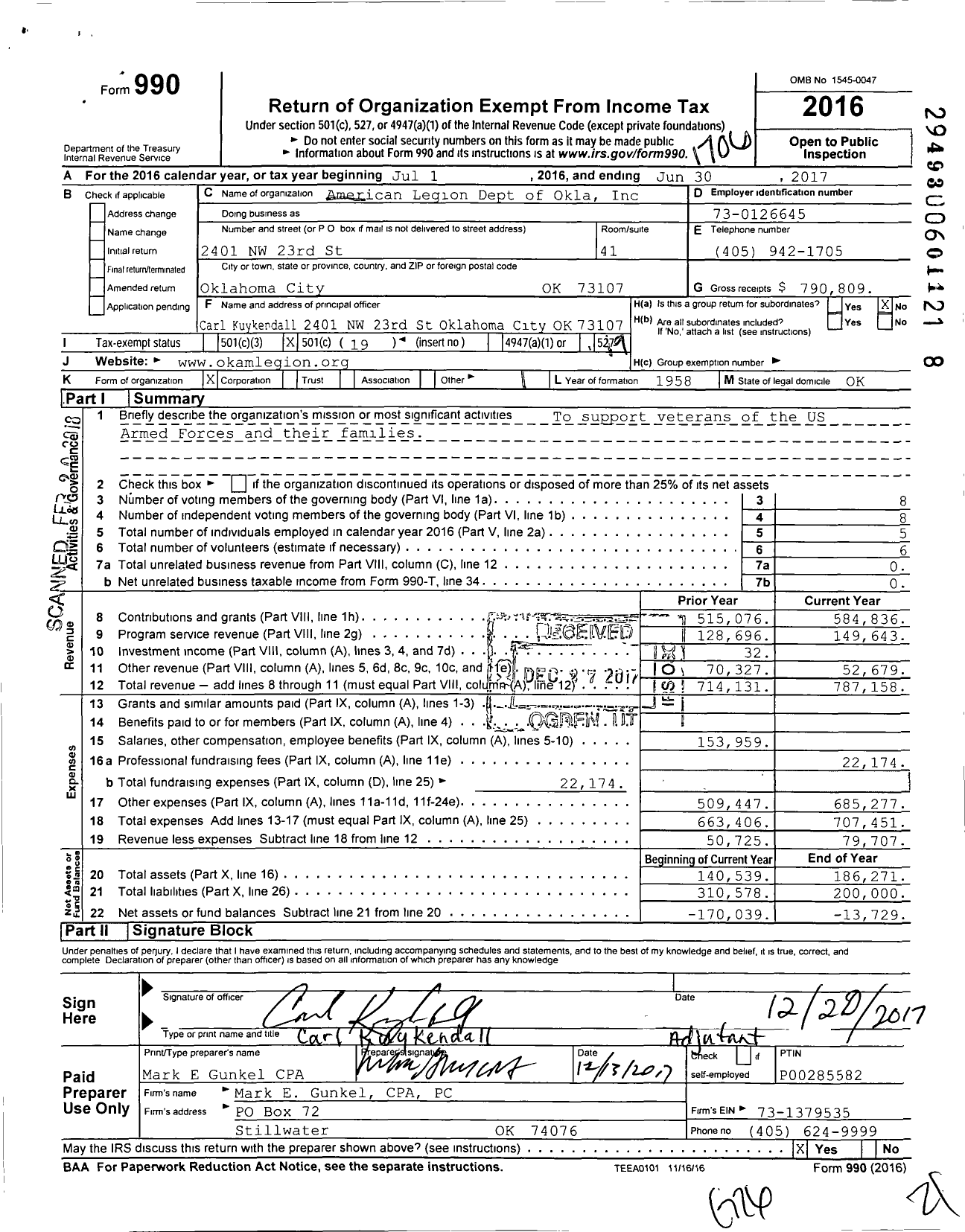 Image of first page of 2016 Form 990O for American Legion Dept of Okla