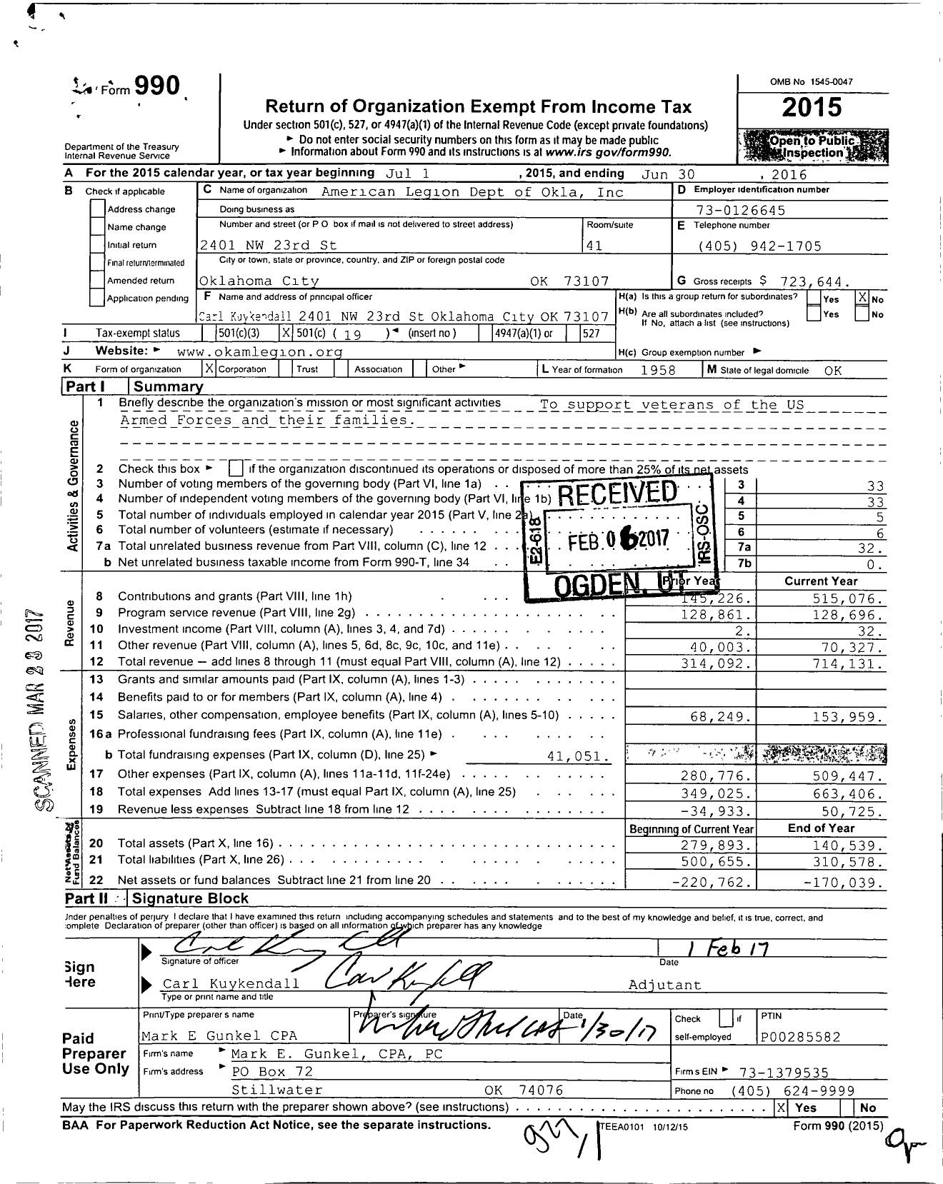 Image of first page of 2015 Form 990O for American Legion Dept of Okla