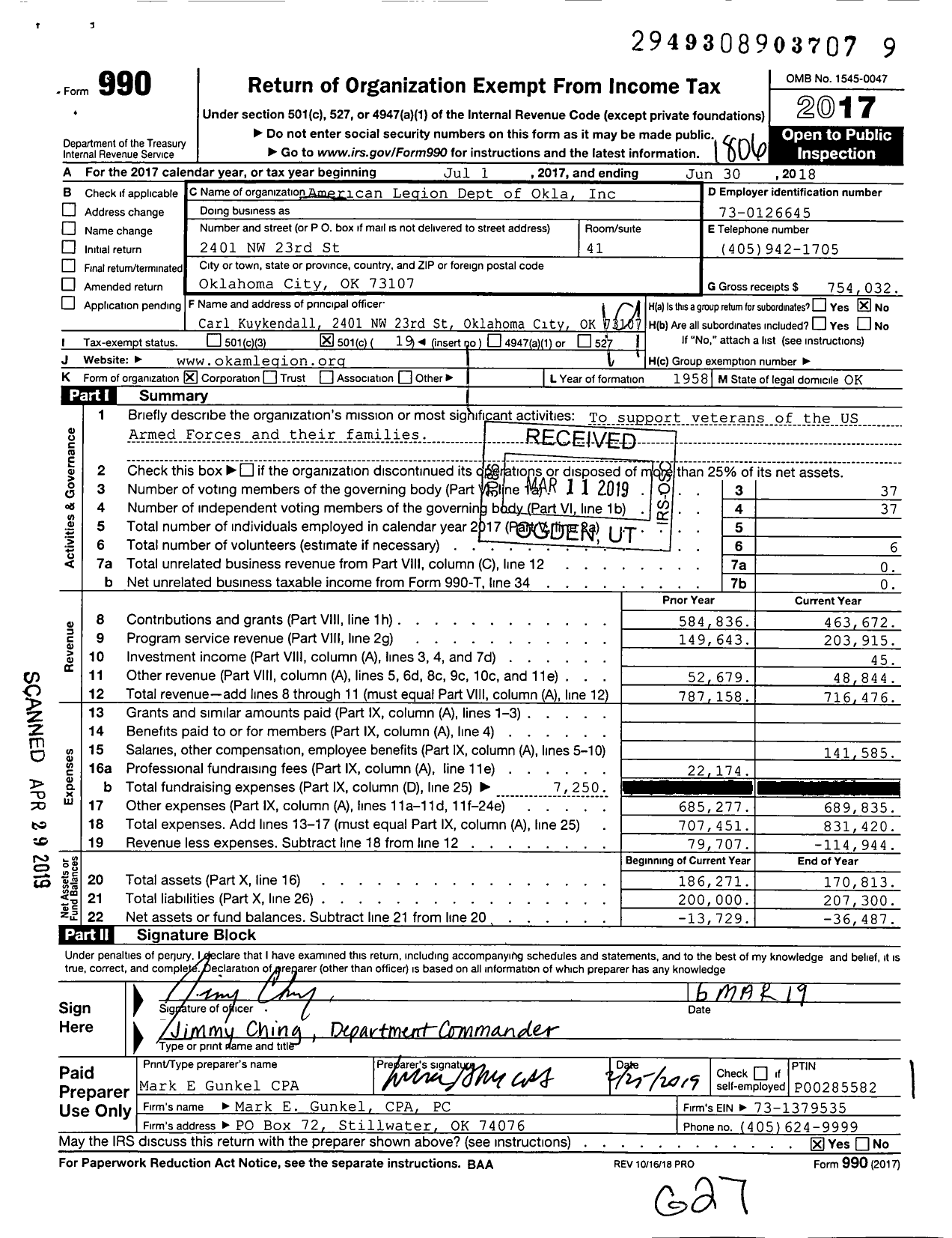 Image of first page of 2017 Form 990O for American Legion Dept of Okla