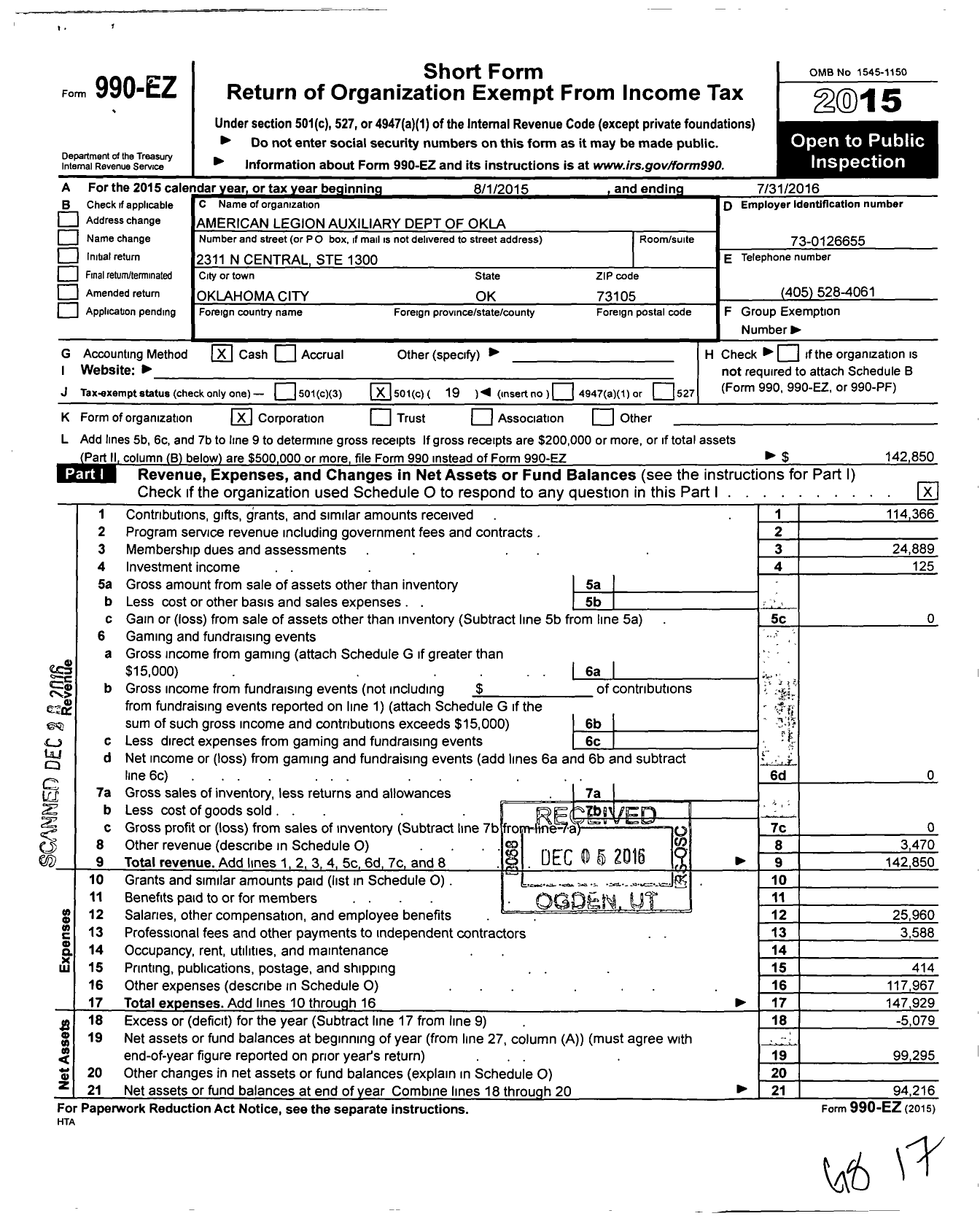 Image of first page of 2015 Form 990EO for American Legion Auxiliary - Department of Oklahoma
