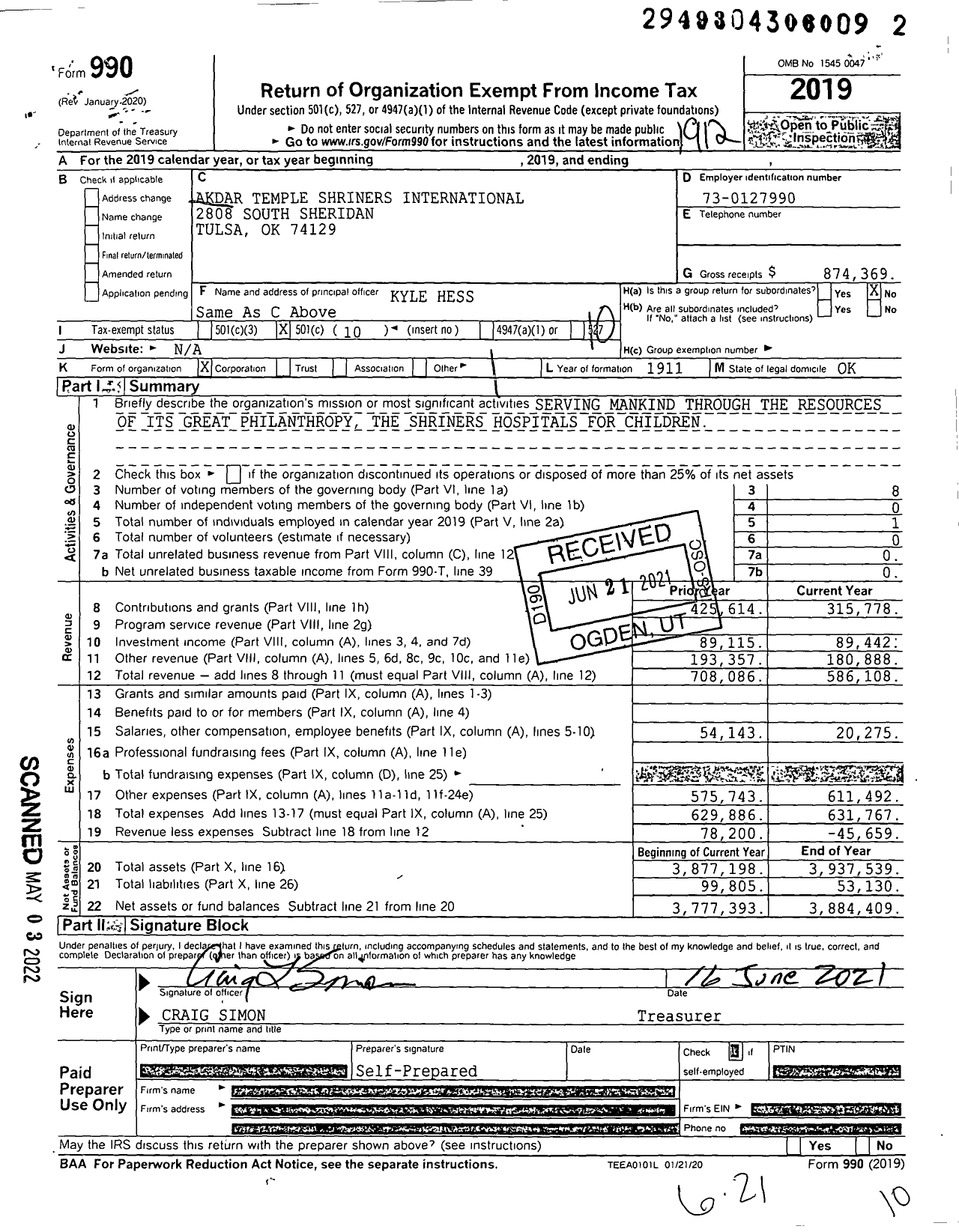 Image of first page of 2019 Form 990O for Akdar Temple Shriners International