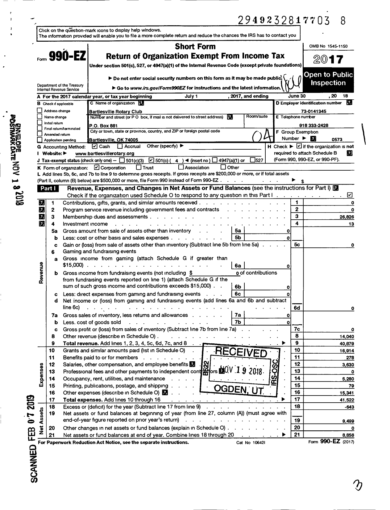 Image of first page of 2017 Form 990EO for Rotary International - Bartlesville Rotary Club