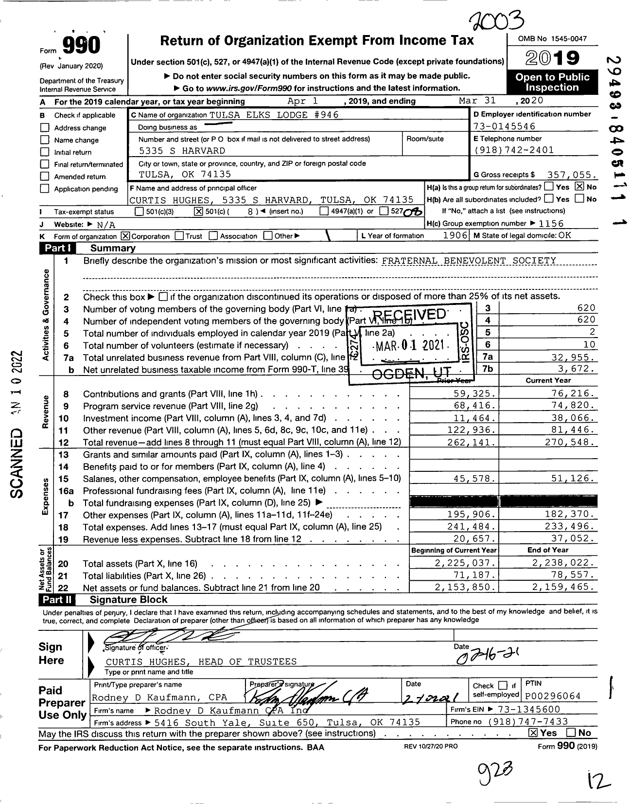 Image of first page of 2019 Form 990O for Benevolent and Protective Order of Elks - Tulsa Elks Lodge #946